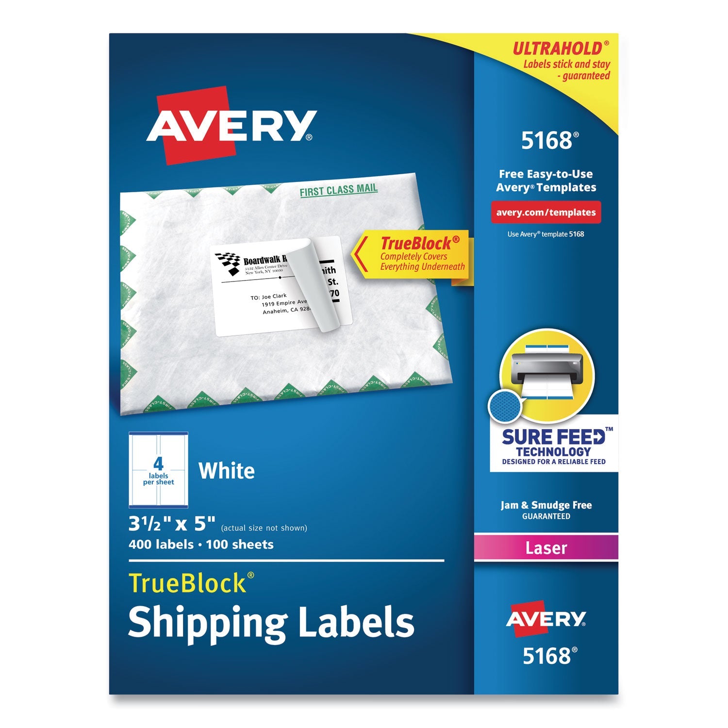 Avery® Shipping Labels W/ Trueblock Technology, Laser Printers, 3.5 X 5, White, 4/sheet, 100 Sheets/box