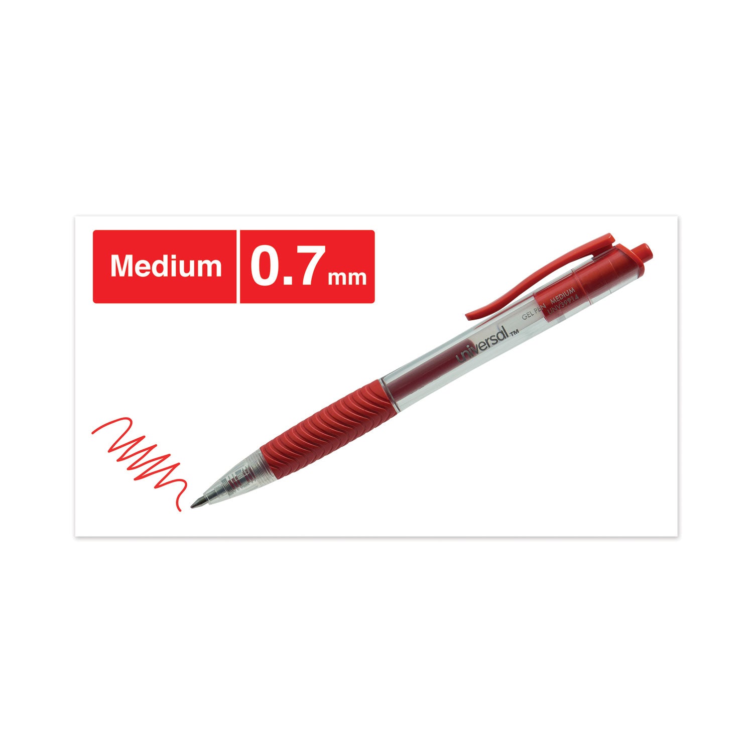 Universal™ Comfort Grip Gel Pen, Retractable, Medium 0.7 mm, Red Ink, Clear/Red Barrel, Dozen