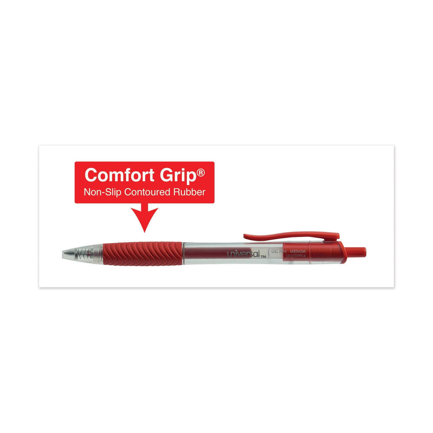 Universal™ Comfort Grip Gel Pen, Retractable, Medium 0.7 mm, Red Ink, Clear/Red Barrel, Dozen