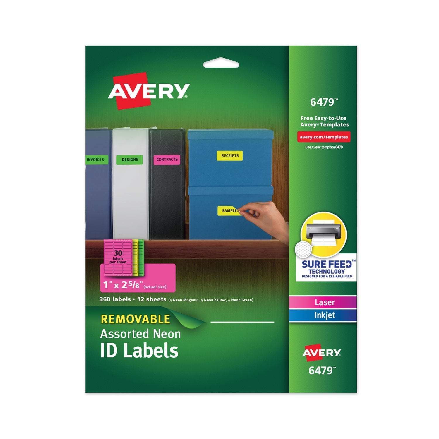 Avery® High-Vis Removable Laser/Inkjet ID Labels w/ Sure Feed, 1 x 2.63, Neon, 360/PK