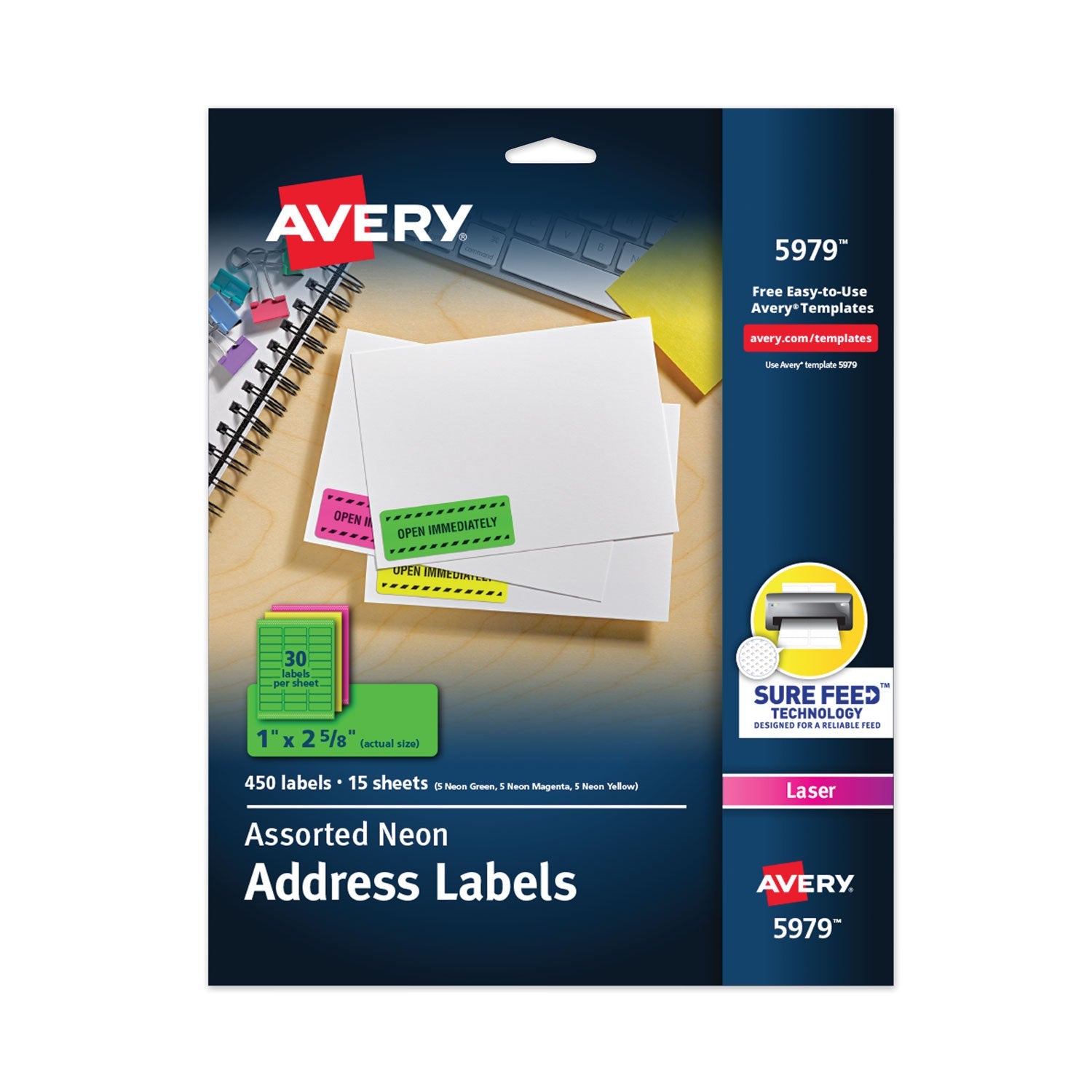Avery® High-Visibility Permanent Laser ID Labels, 1 x 2.63, Asst. Neon, 450/Pack