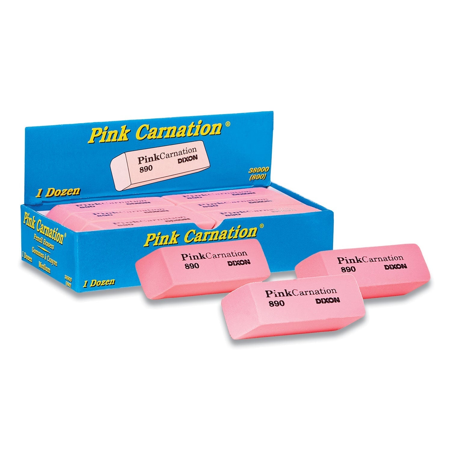 Dixon® Pink Carnation Erasers, For Pencil Marks, Rectangular Block, Medium, Pink, Dozen