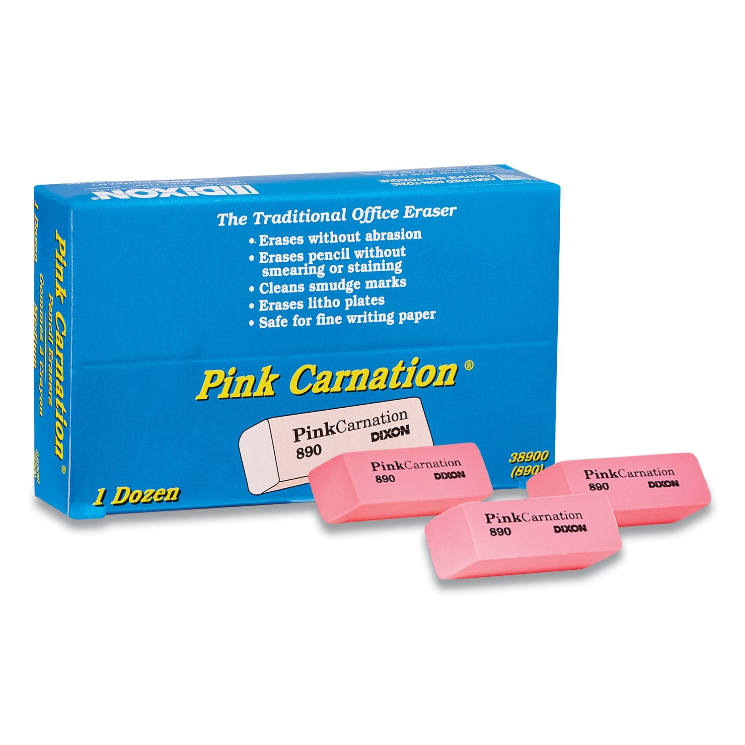 Dixon® Pink Carnation Erasers, For Pencil Marks, Rectangular Block, Medium, Pink, Dozen