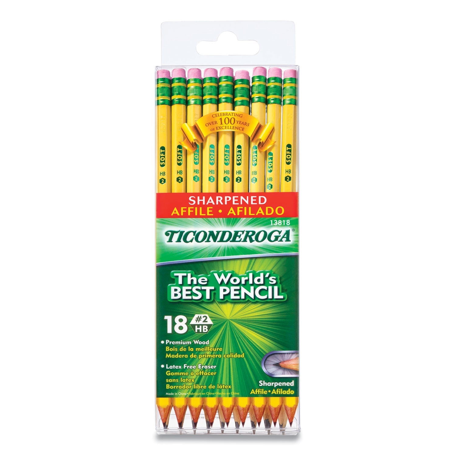 Ticonderoga® PRE-SHARPENED PENCIL, HB (#2), BLACK LEAD, YELLOW BARREL, 18/PACK