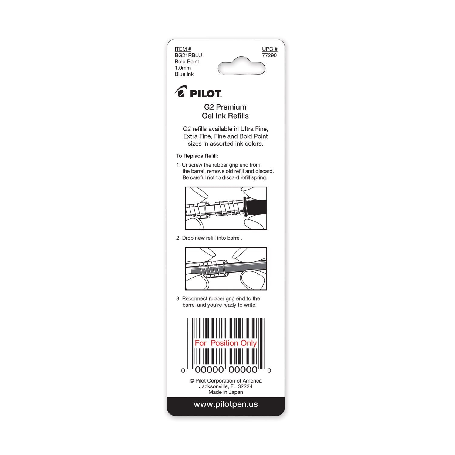 Pilot® Refill For Pilot G2 Gel Ink Pens, Bold Conical Tip, Blue Ink, 2/pack