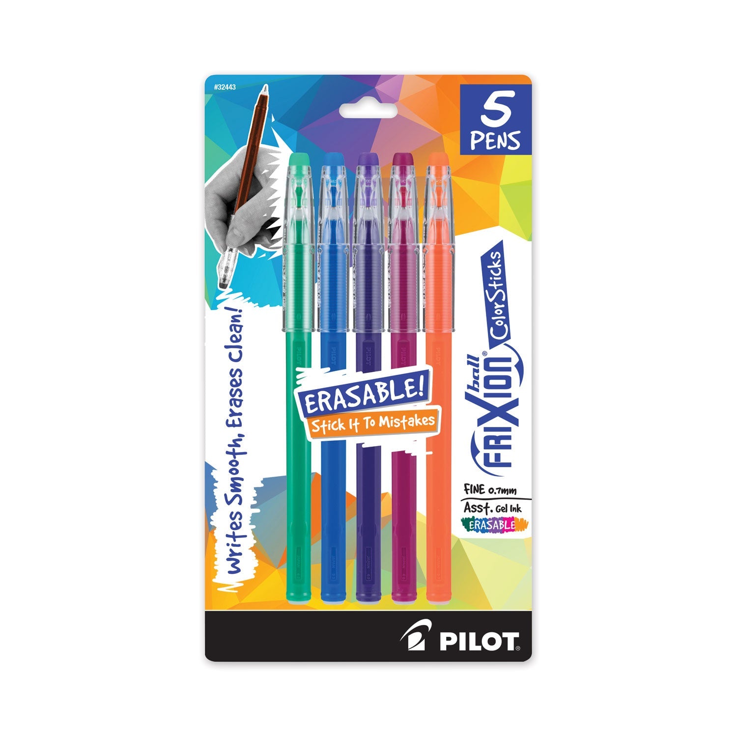 Pilot® FriXion ColorSticks Erasable Gel Pen, Stick, Fine 0.7 mm, Assorted Ink and Barrel Colors, 5/Pack