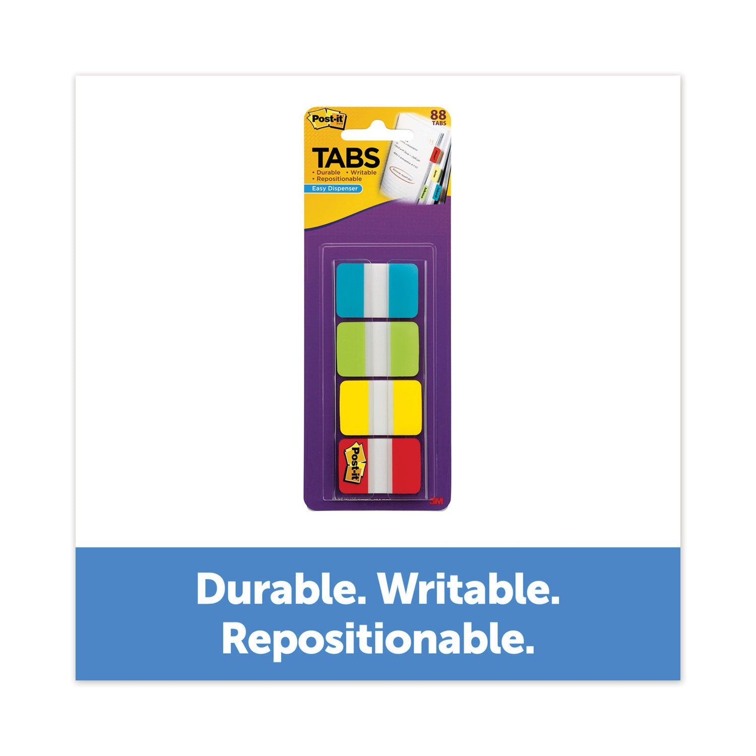 Post-it® 1" Wide Tabs With Dispenser, Aqua, Lime, Red, Yellow, 88/pack