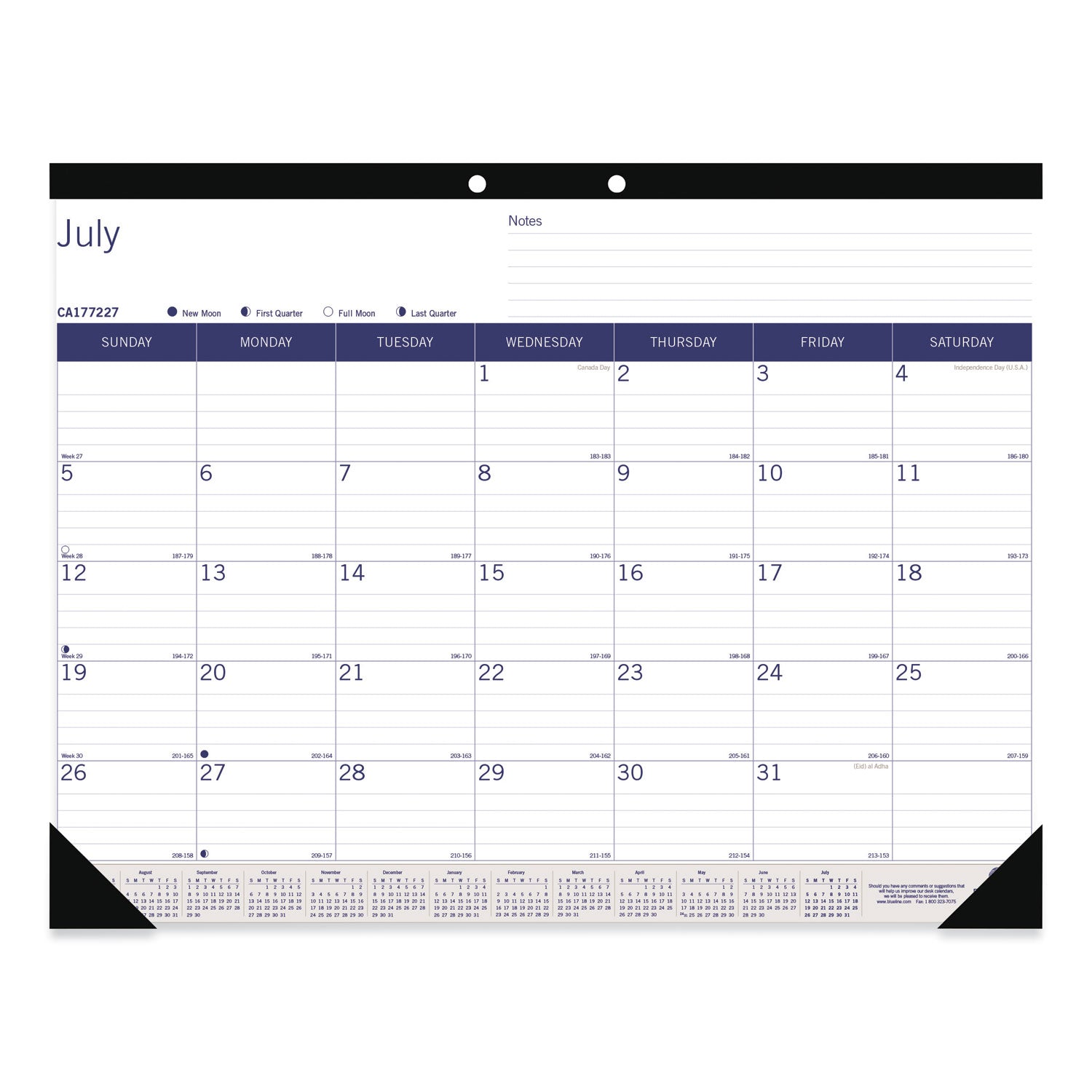 Blueline® DuraGlobe Academic Desk Pad Calendar, 22 x 17, White/Blue/Gray Sheets, Black Headband, 13-Month (July to July): 2024 to 2025 - Bloom Skins