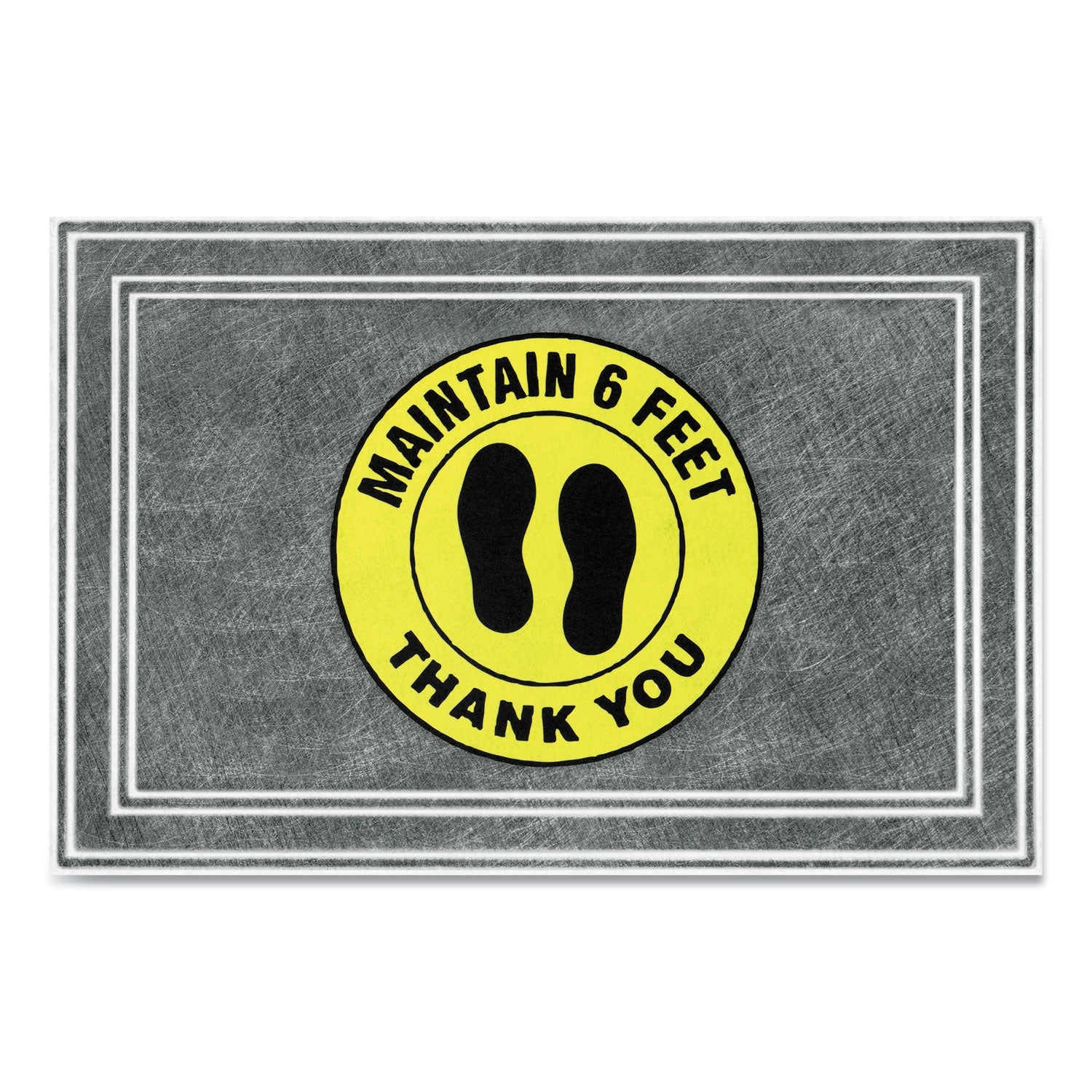 Apache Mills® Message Floor Mats, 24 X 36, Charcoal/yellow, "maintain 6 Feet Thank You"