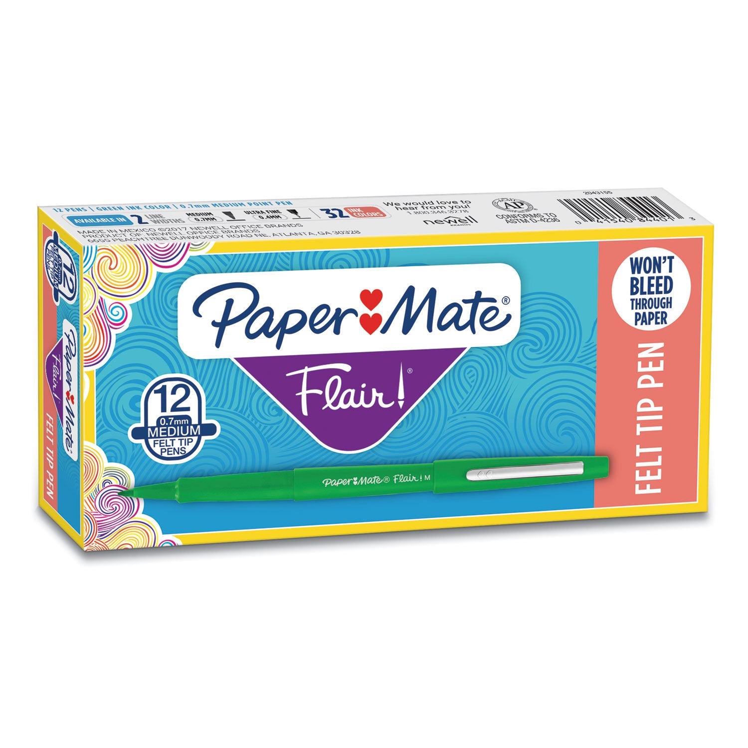 Paper Mate® Point Guard Flair Felt Tip Porous Point Pen, Stick, Medium 0.7 Mm, Green Ink, Green Barrel, Dozen