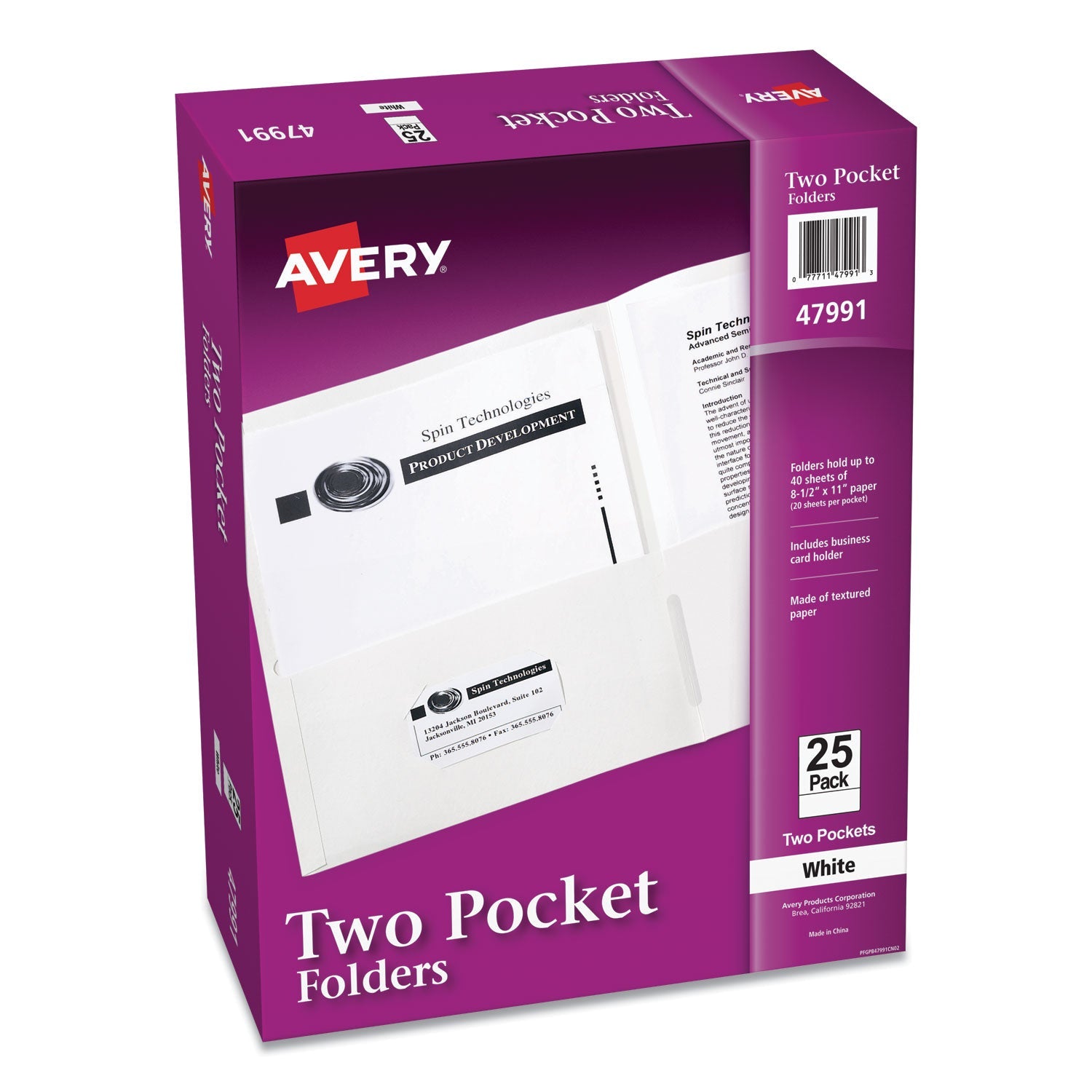 Avery® Two-Pocket Folder, 40-Sheet Capacity, 11 X 8.5, White, 25/box