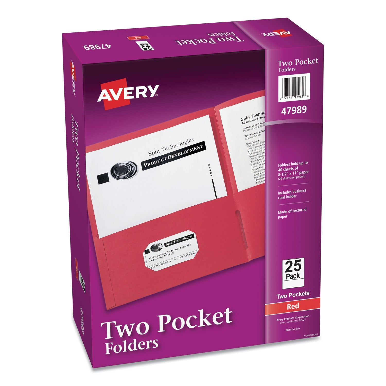 Avery® Two-Pocket Folder, 40-Sheet Capacity, 11 X 8.5, Red, 25/box