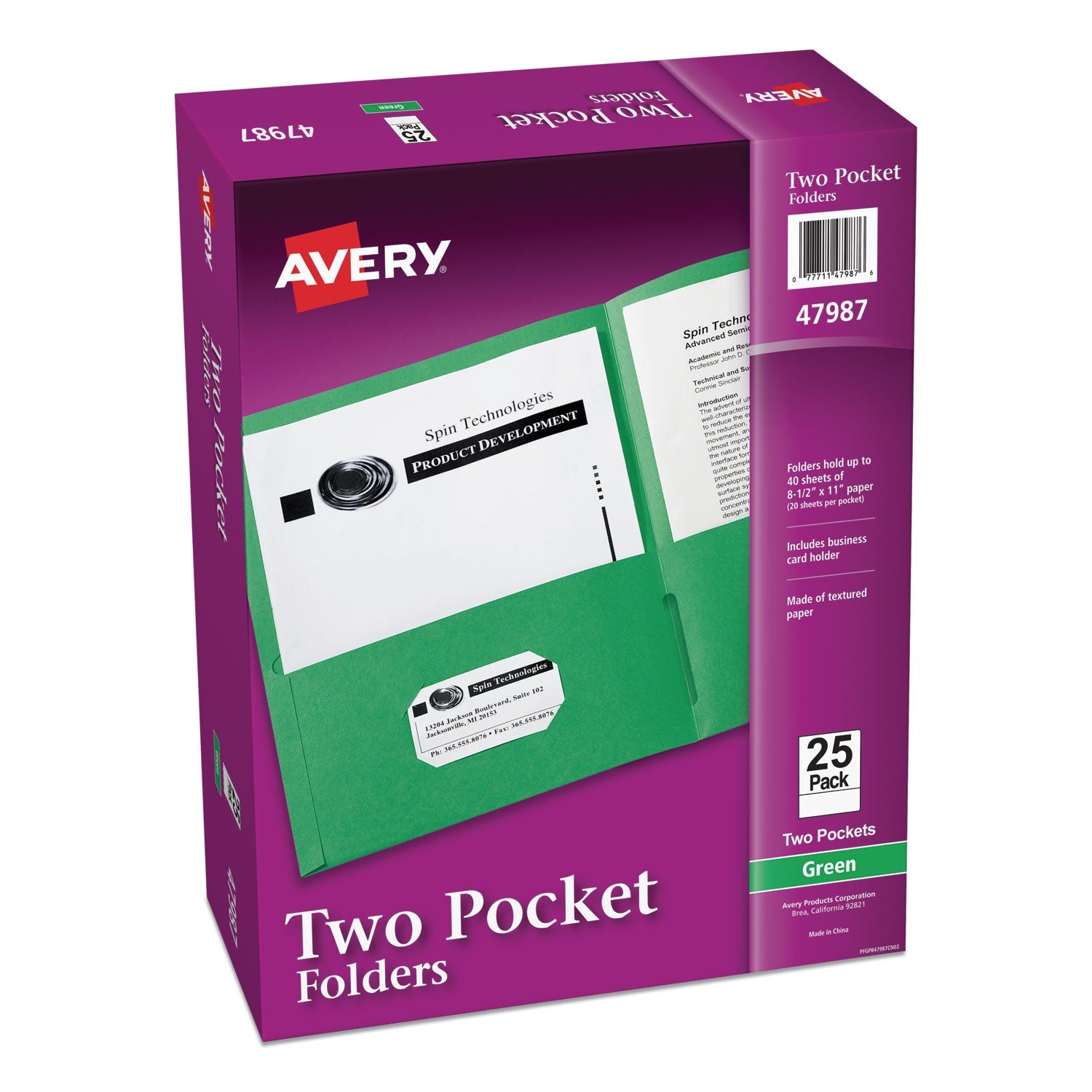 Avery® Two-Pocket Folder, 40-Sheet Capacity, 11 X 8.5, Green, 25/box