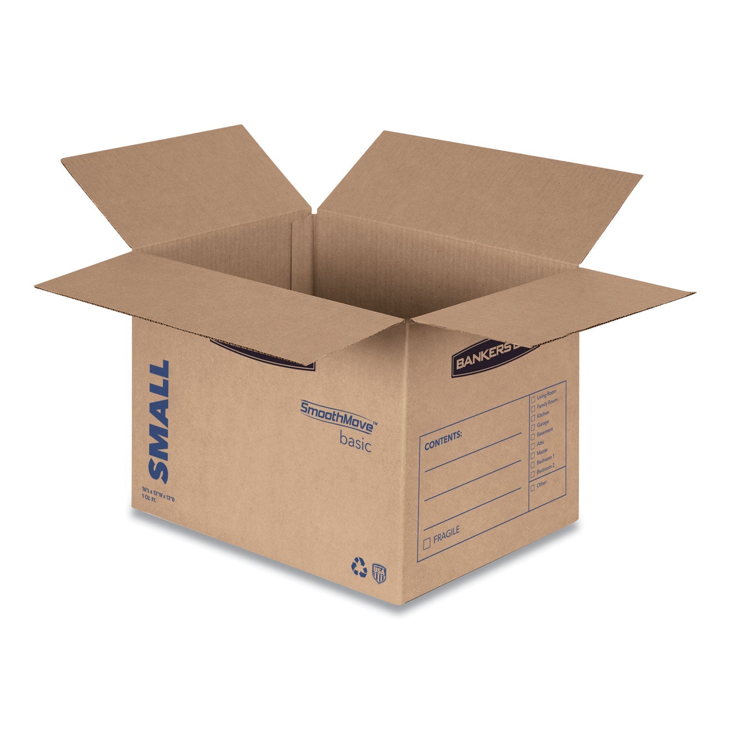 Bankers Box® SmoothMove Basic Moving Boxes, Regular Slotted Container (RSC), Small, 12" x 16" x 12", Brown/Blue, 25/Bundle