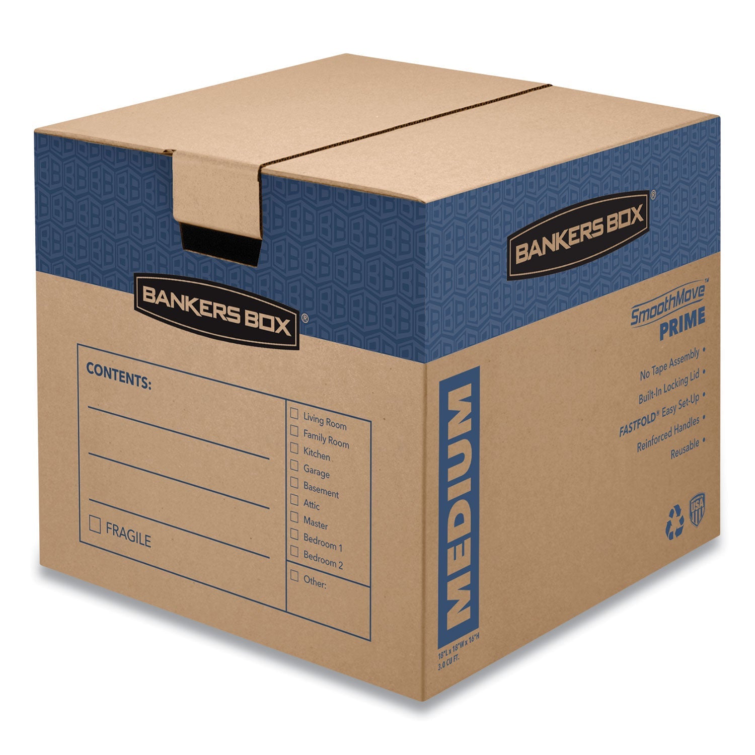Bankers Box® SmoothMove Prime Moving/Storage Boxes, Hinged Lid, Regular Slotted Container, Medium, 18" x 18" x 16", Brown/Blue, 8/Carton