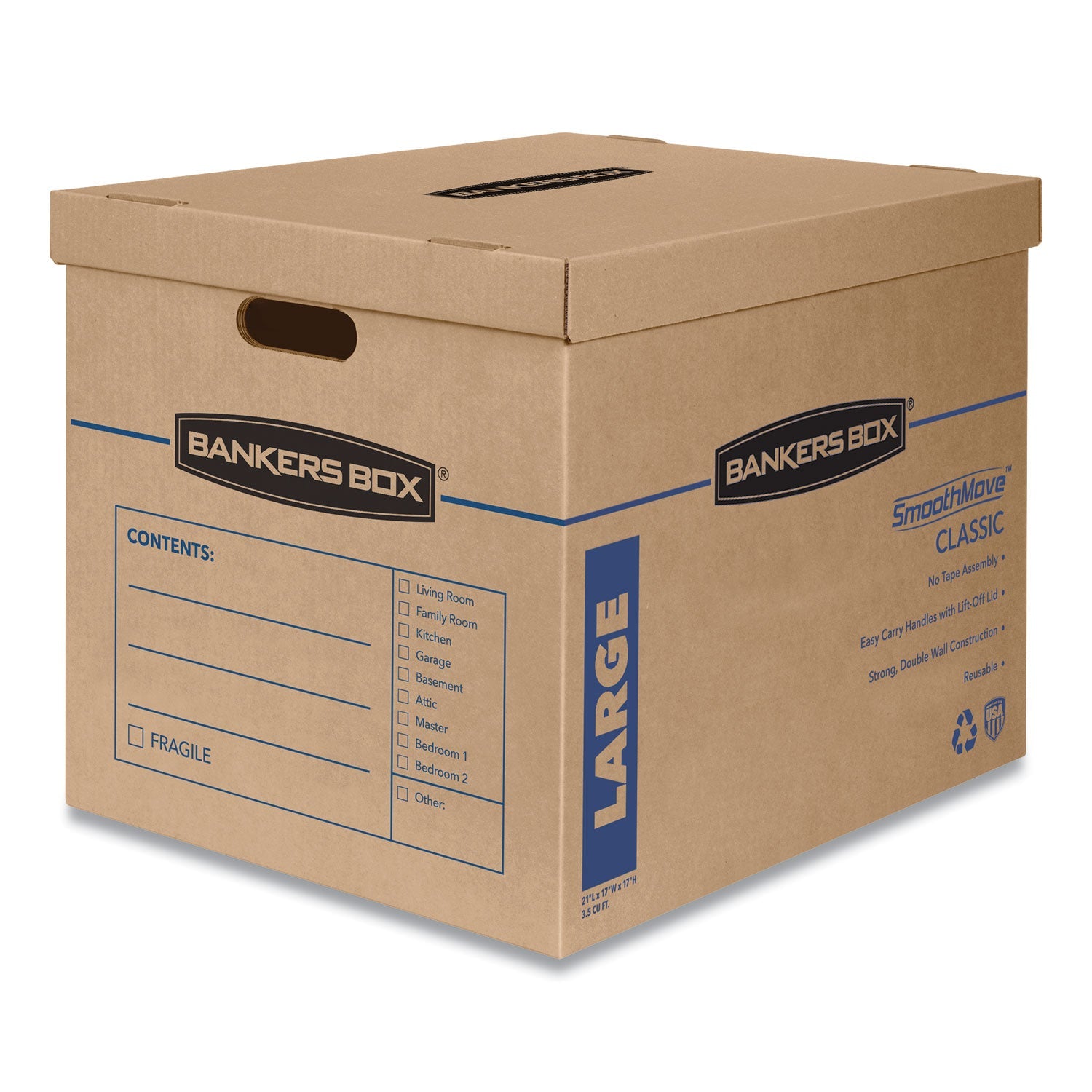 Bankers Box® SmoothMove Classic Moving/Storage Boxes, Half Slotted Container (HSC), Large, 17" x 21" x 17", Brown/Blue, 5/Carton
