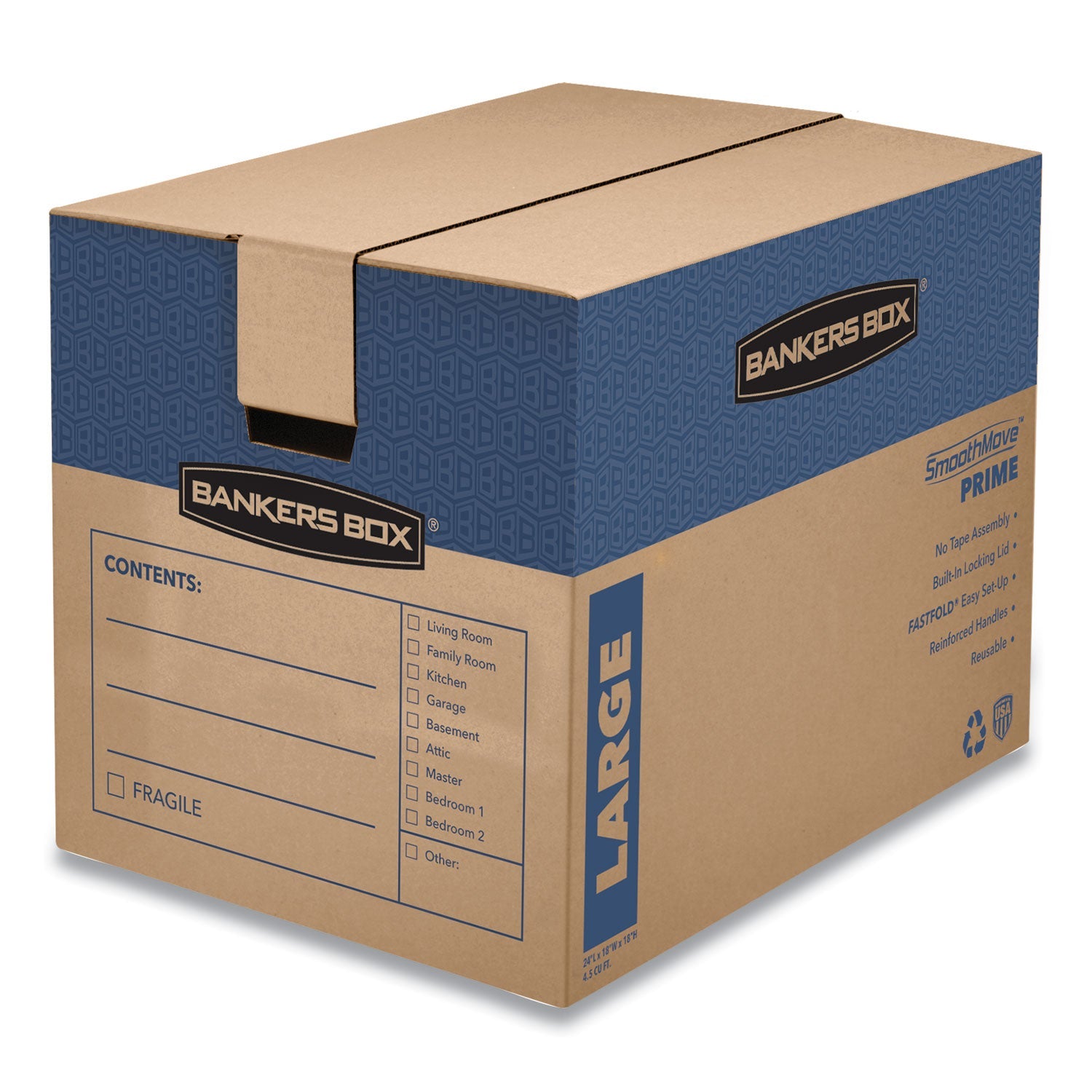 Bankers Box® SmoothMove Prime Moving/Storage Boxes, Hinged Lid, Regular Slotted Container (RSC), 18" x 24" x 18", Brown/Blue, 6/Carton