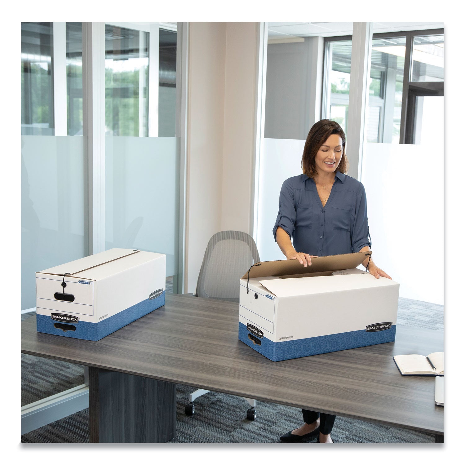 Bankers Box® Stor/file Medium-Duty Strength Storage Boxes, Legal Files, 15.25" X 19.75" X 10.75", White/blue, 4/carton