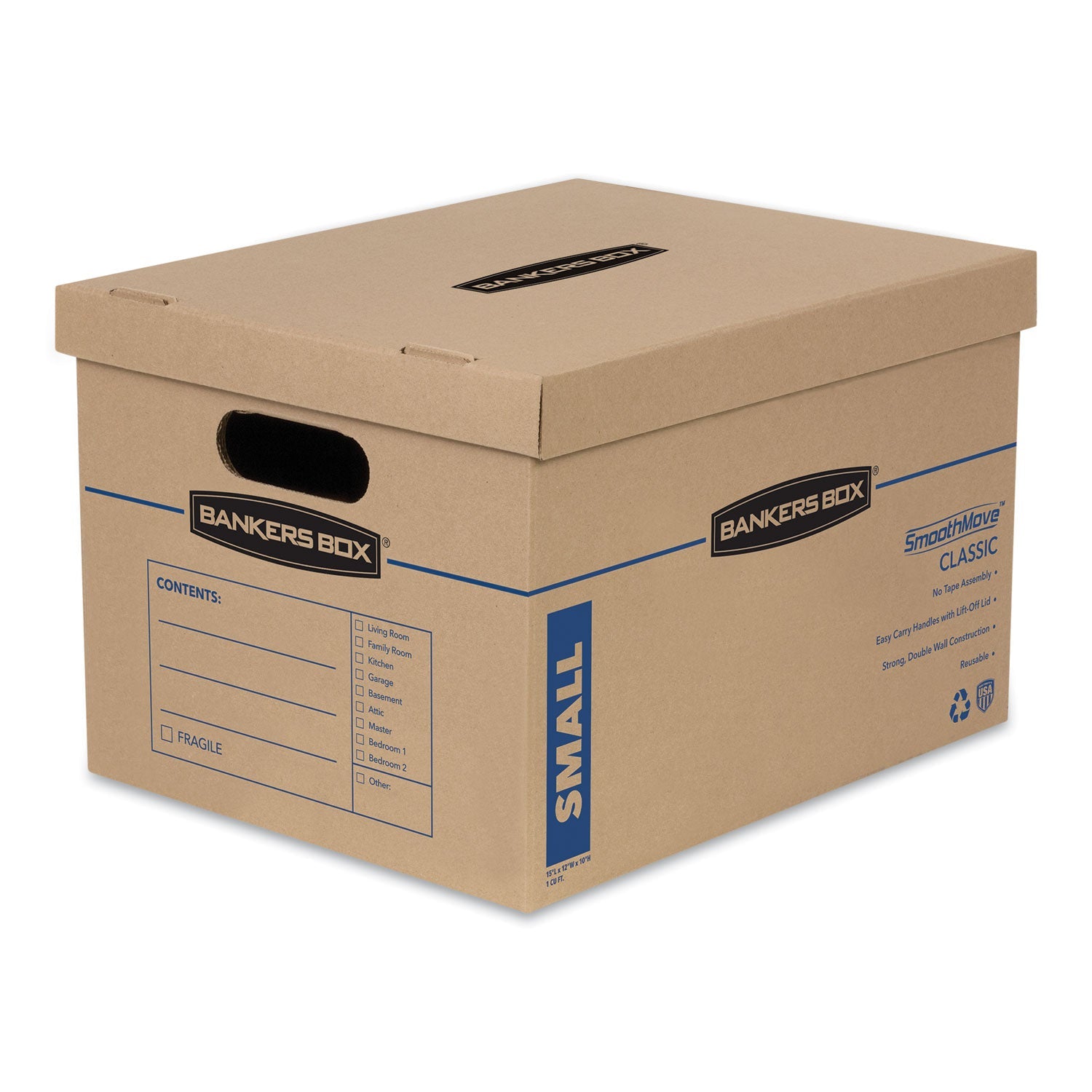 Bankers Box® SmoothMove Classic Moving/Storage Boxes, Half Slotted Container (HSC), Small, 12" x 15" x 10", Brown/Blue, 15/Carton