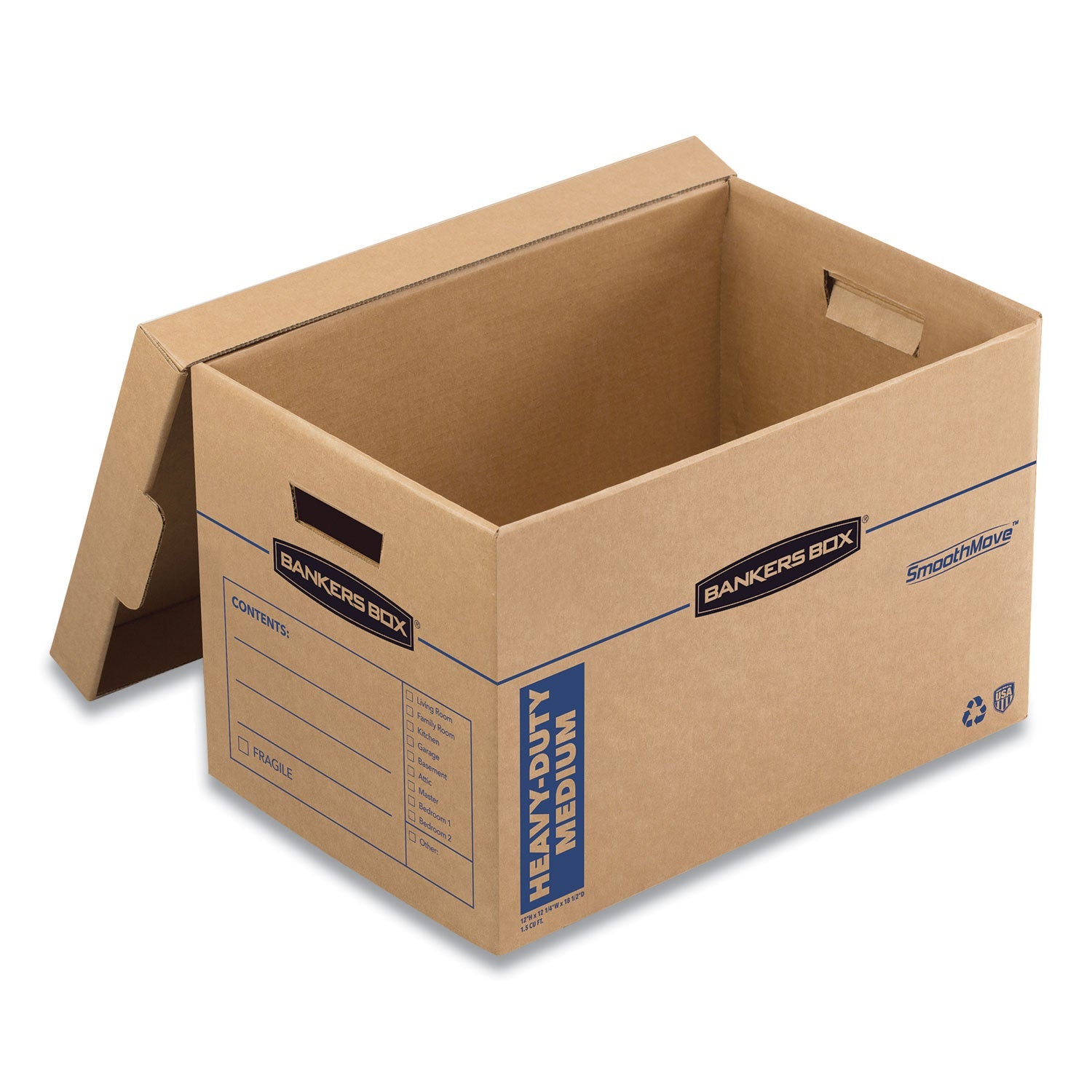 Bankers Box® SmoothMove Maximum Strength Moving Boxes, Half Slotted Container (HSC), Medium, 12.25" x 18.5" x 12", Brown/Blue, 8/Pack