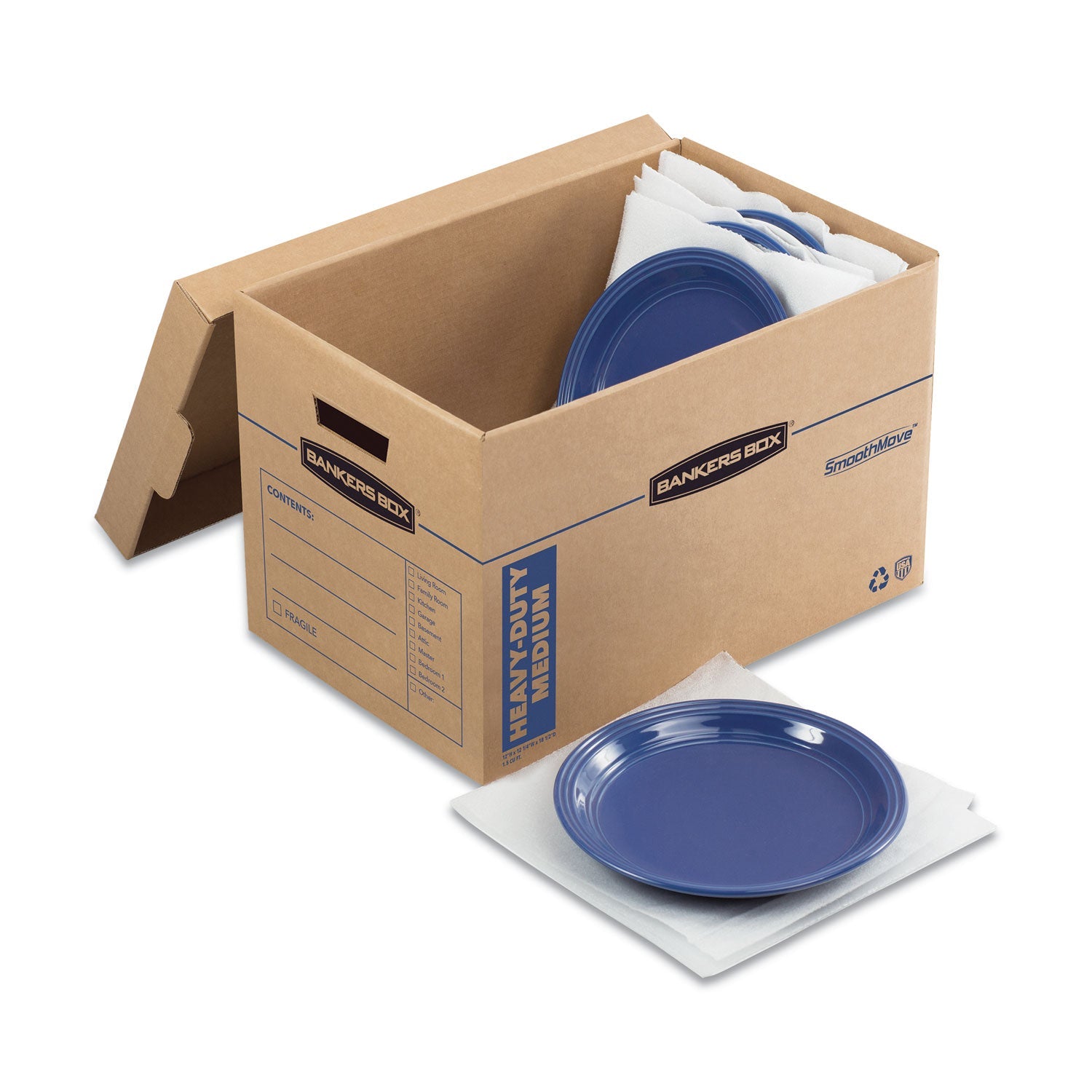 Bankers Box® SmoothMove Kitchen Moving Kit with Dividers + Foam, Half Slotted Container (HSC), Medium, 12.25" x 18.5" x 12", Brown/Blue