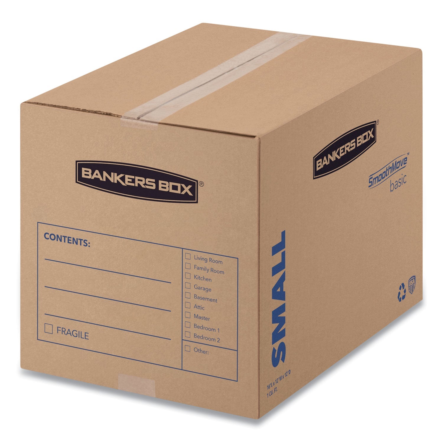 Bankers Box® SmoothMove Basic Moving Boxes, Regular Slotted Container (RSC), Small, 12" x 16" x 12", Brown/Blue, 25/Bundle