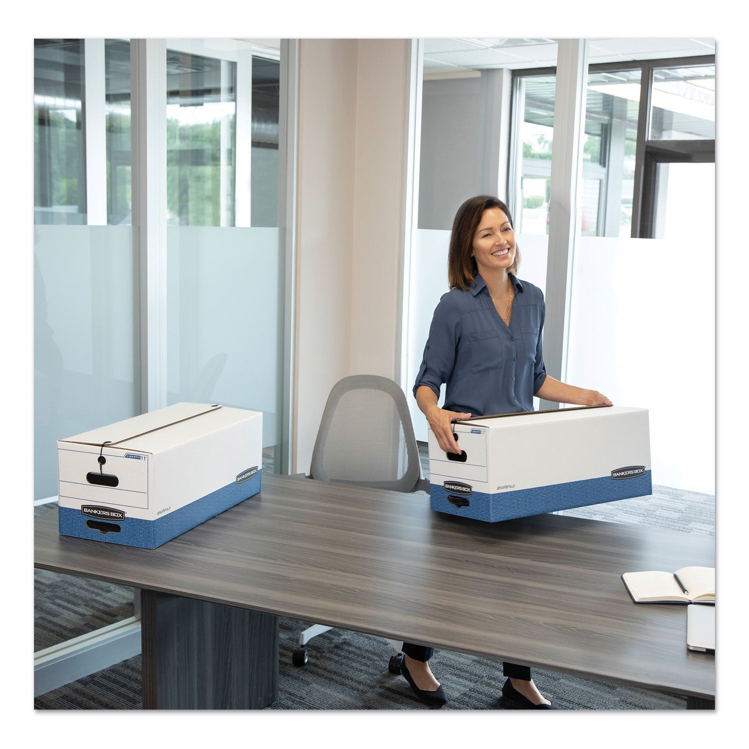 Bankers Box® Stor/file Medium-Duty Strength Storage Boxes, Legal Files, 15.25" X 19.75" X 10.75", White/blue, 4/carton