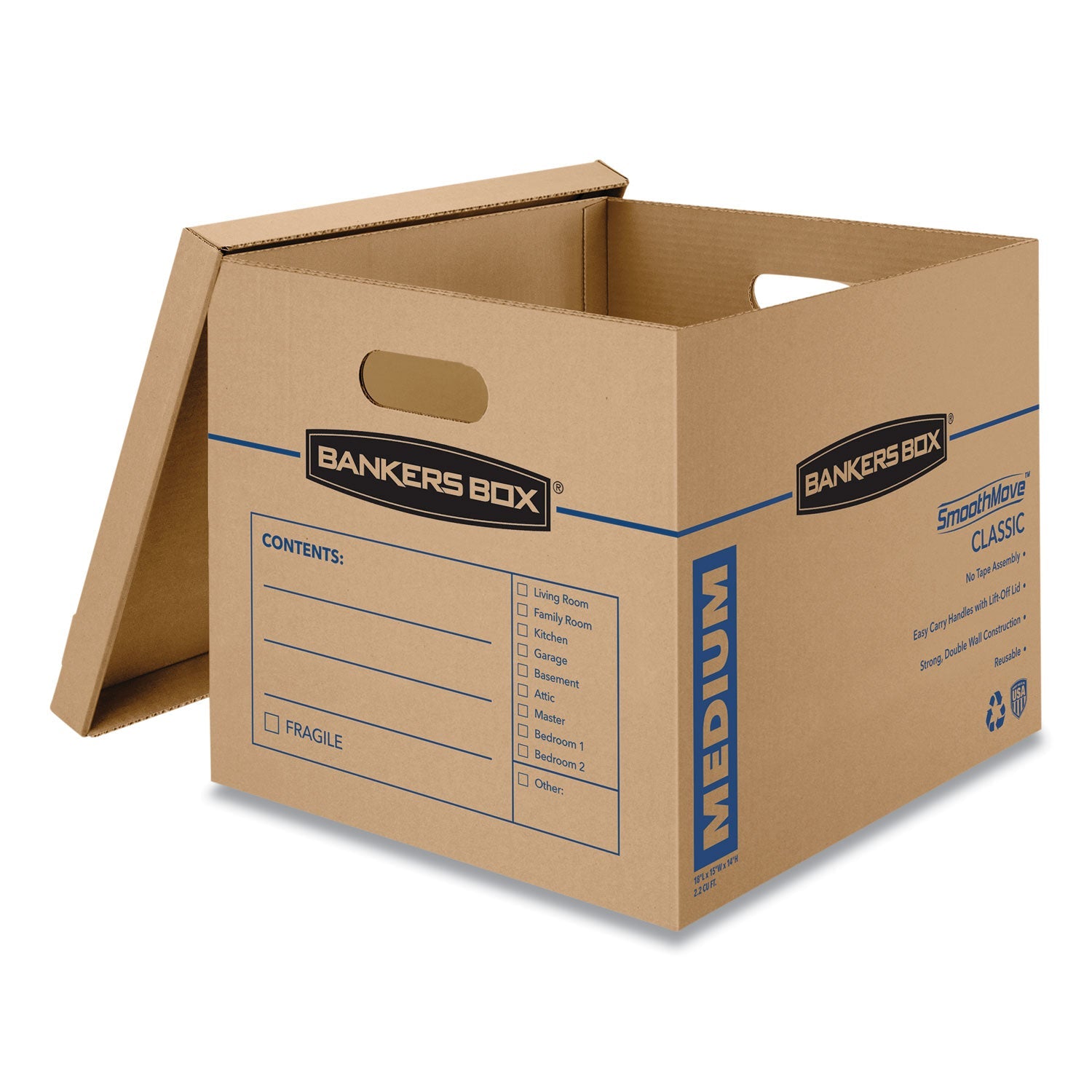 Bankers Box® SmoothMove Classic Moving/Storage Boxes, Half Slotted Container (HSC), Medium, 15" x 18" x 14", Brown/Blue, 8/Carton