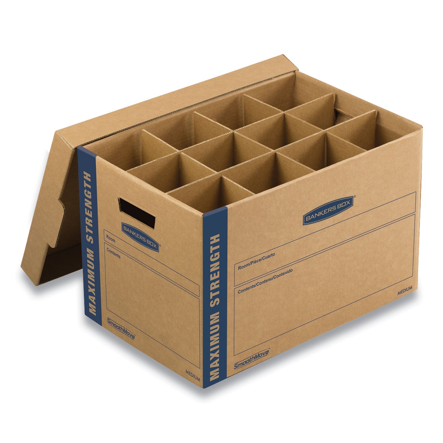 Bankers Box® SmoothMove Kitchen Moving Kit with Dividers + Foam, Half Slotted Container (HSC), Medium, 12.25" x 18.5" x 12", Brown/Blue