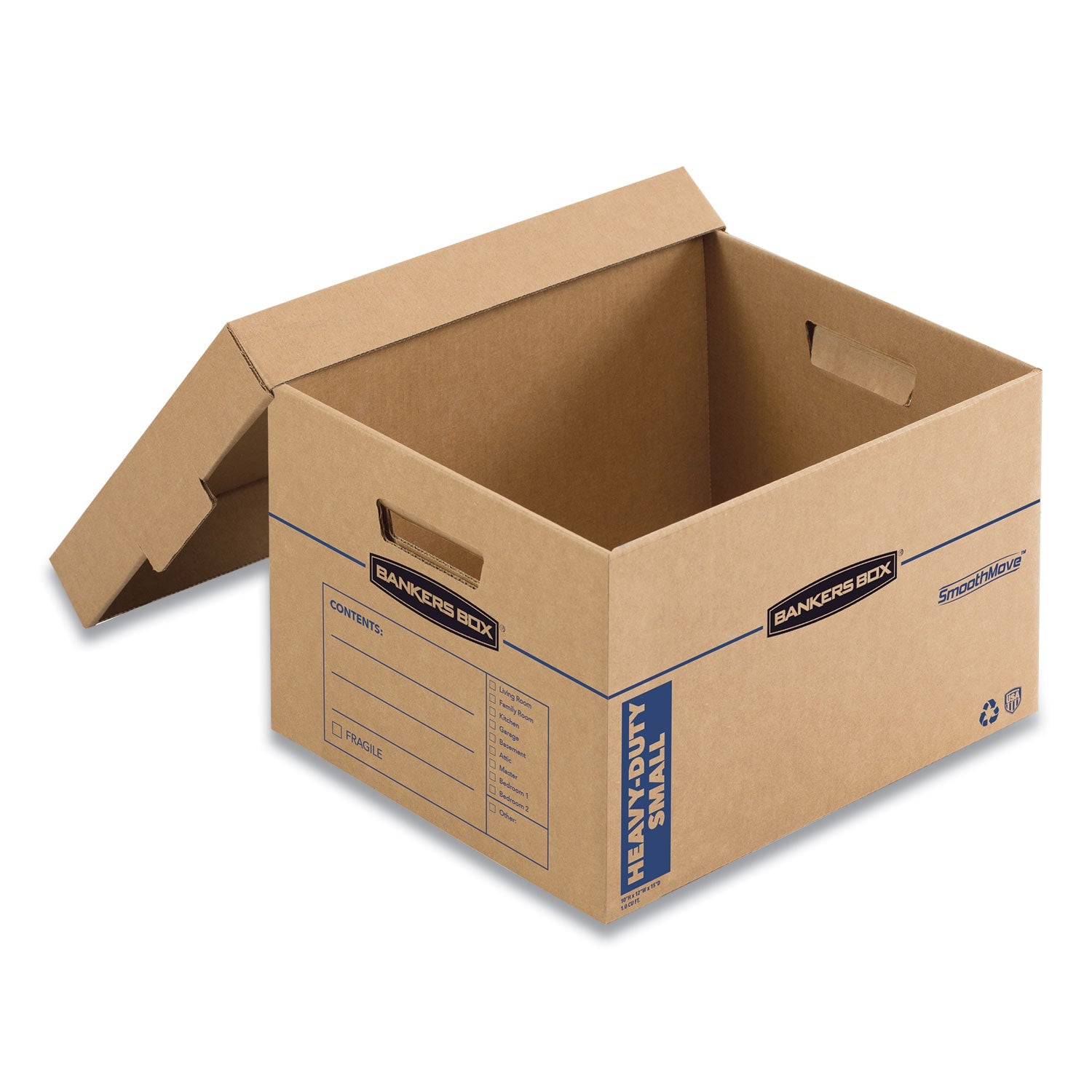 Bankers Box® SmoothMove Maximum Strength Moving Boxes, Half Slotted Container (HSC), Small, 15" x 15" x 12", Brown/Blue, 8/Pack