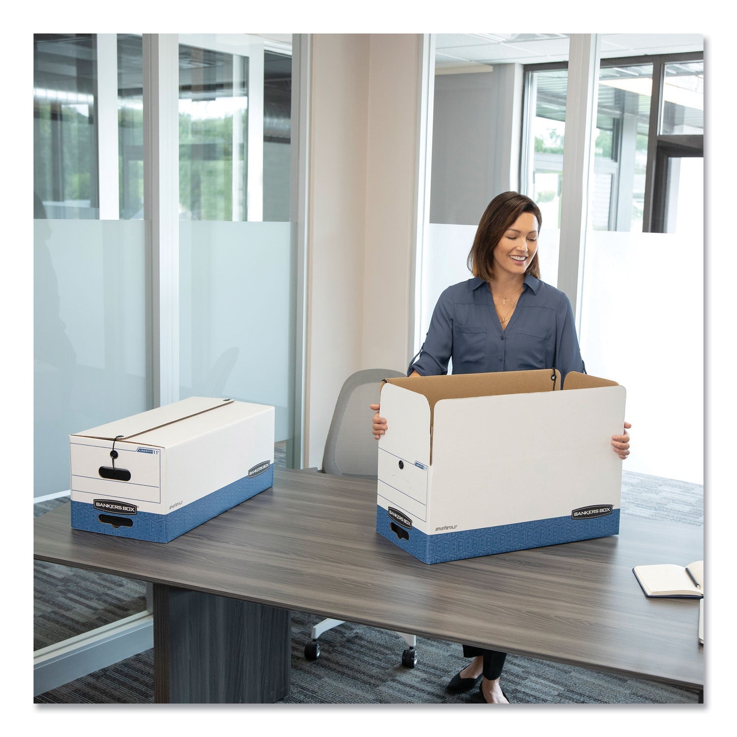 Bankers Box® Stor/file Medium-Duty Strength Storage Boxes, Legal Files, 15.25" X 19.75" X 10.75", White/blue, 4/carton