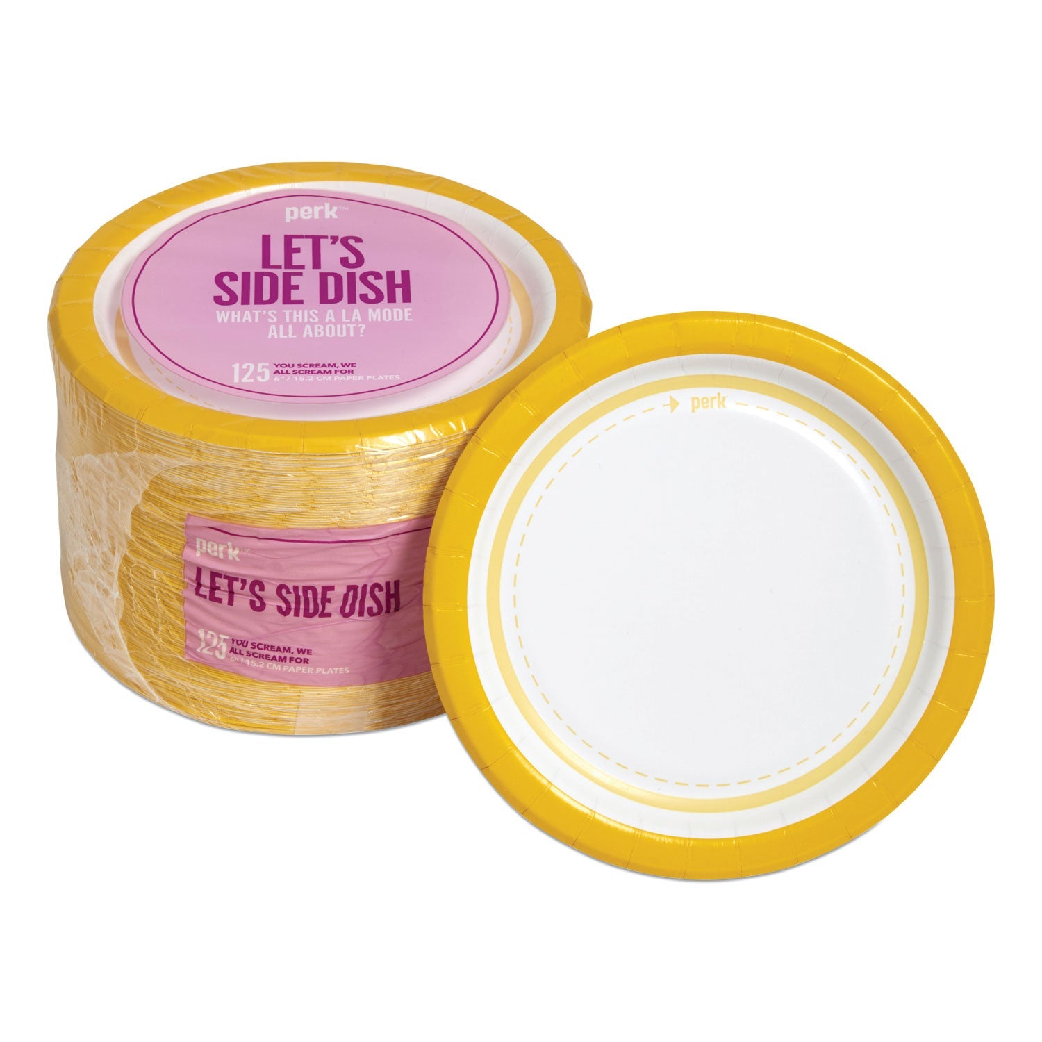 Perk™ Everyday Paper Plates, 6" Dia, White/yellow, 125/pack