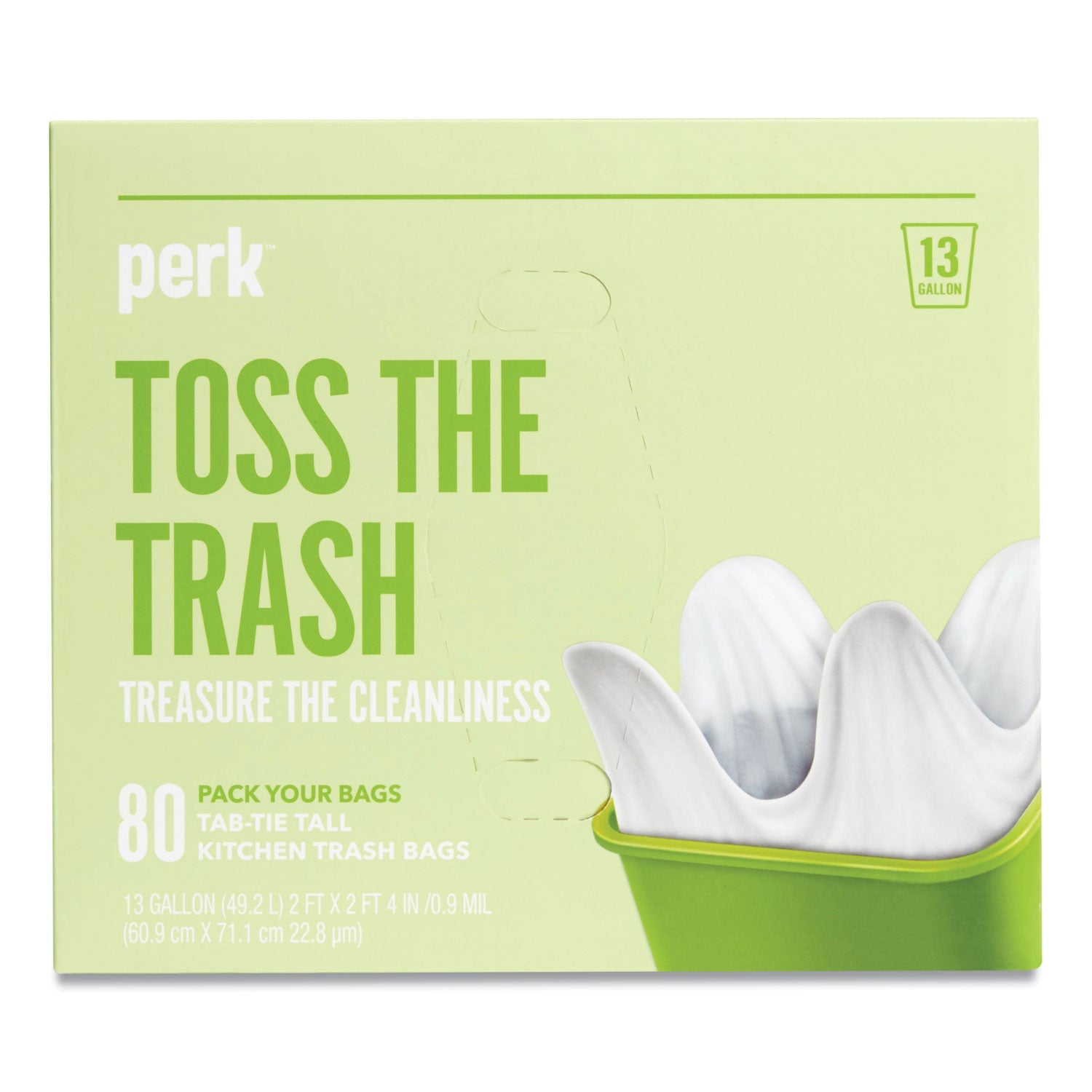 Perk™ Tab-Tie Tall Kitchen Trash Bags, Tie-Flap, 13 gal, 28" x 24", White, 80/Box