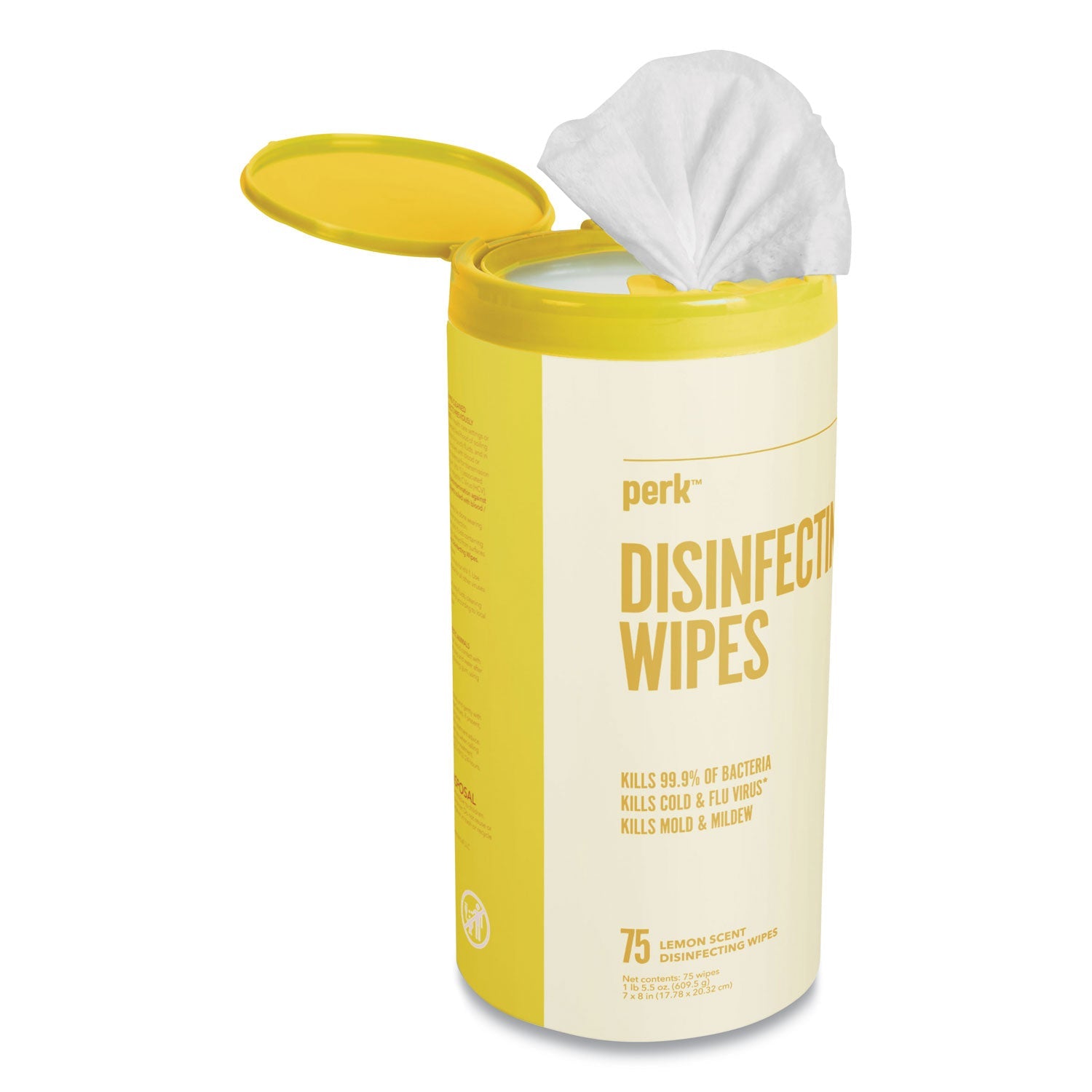 Perk™ Disinfecting Wipes, 7 x 8, Lemon, White, 75 Wipes/Canister