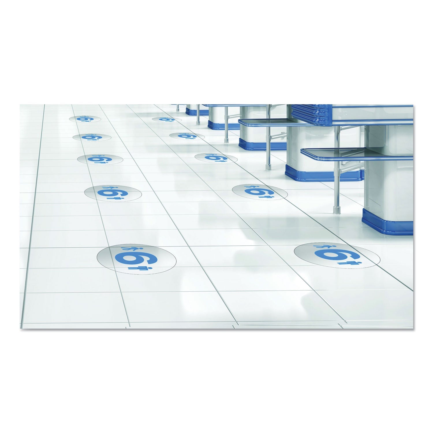 deflecto® Personal Spacing Discs, 6 Feet Apart, 20" Dia, Clear/medium Blue, 6/pack