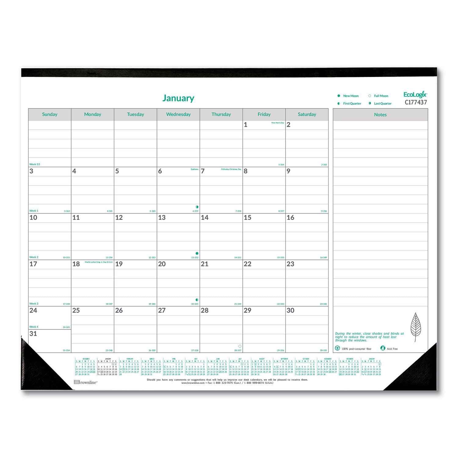 Brownline® EcoLogix Monthly Desk Pad Calendar, 22 x 17, White/Green Sheets, Black Binding/Corners, 12-Month (Jan to Dec): 2025