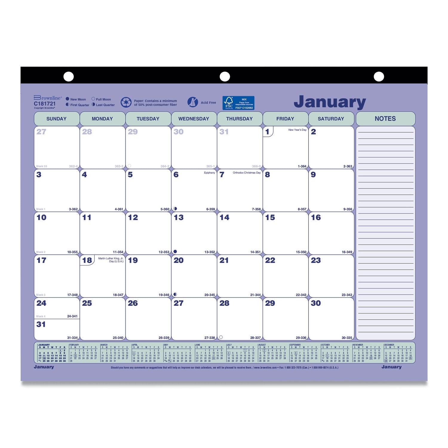 Brownline® Monthly Desk Pad Calendar, 3-Hole Punched, 11 x 8.5, White/Blue/Green Sheets, Black Binding, 12-Month (Jan to Dec): 2025 - Bloom Skins