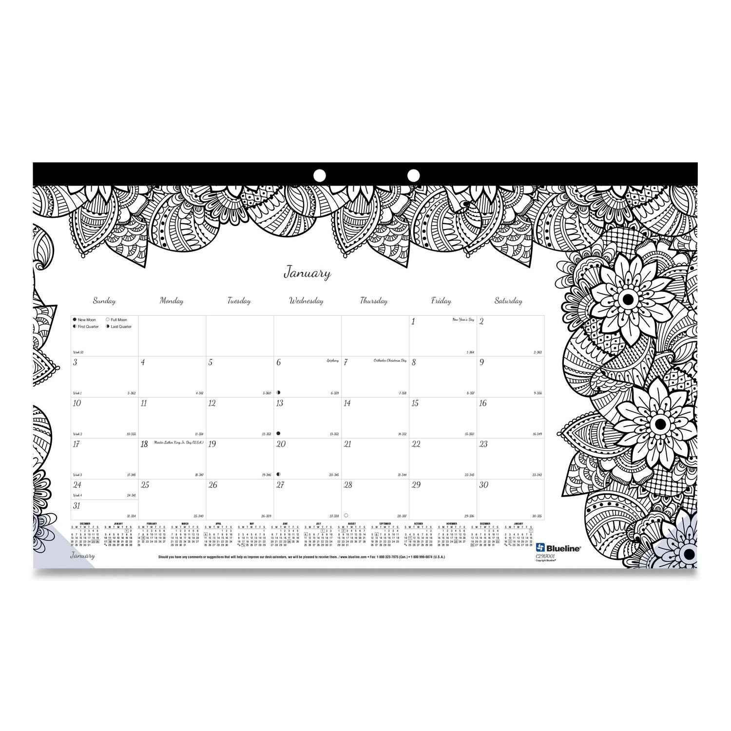 Blueline® Monthly Desk Pad Calendar, DoodlePlan Coloring Pages, 17.75 x 10.88, Black Binding, Clear Corners, 12-Month (Jan-Dec): 2025