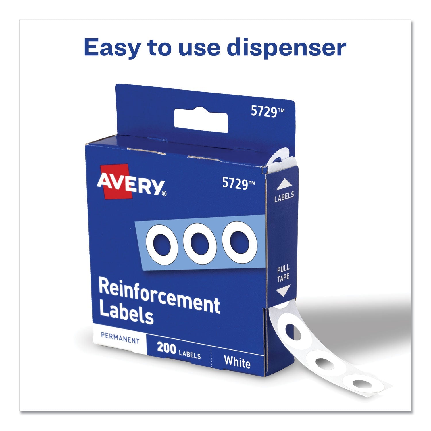 Avery® Dispenser Pack Hole Reinforcements, 0.25" Dia, White, 200/Pack, (5729)