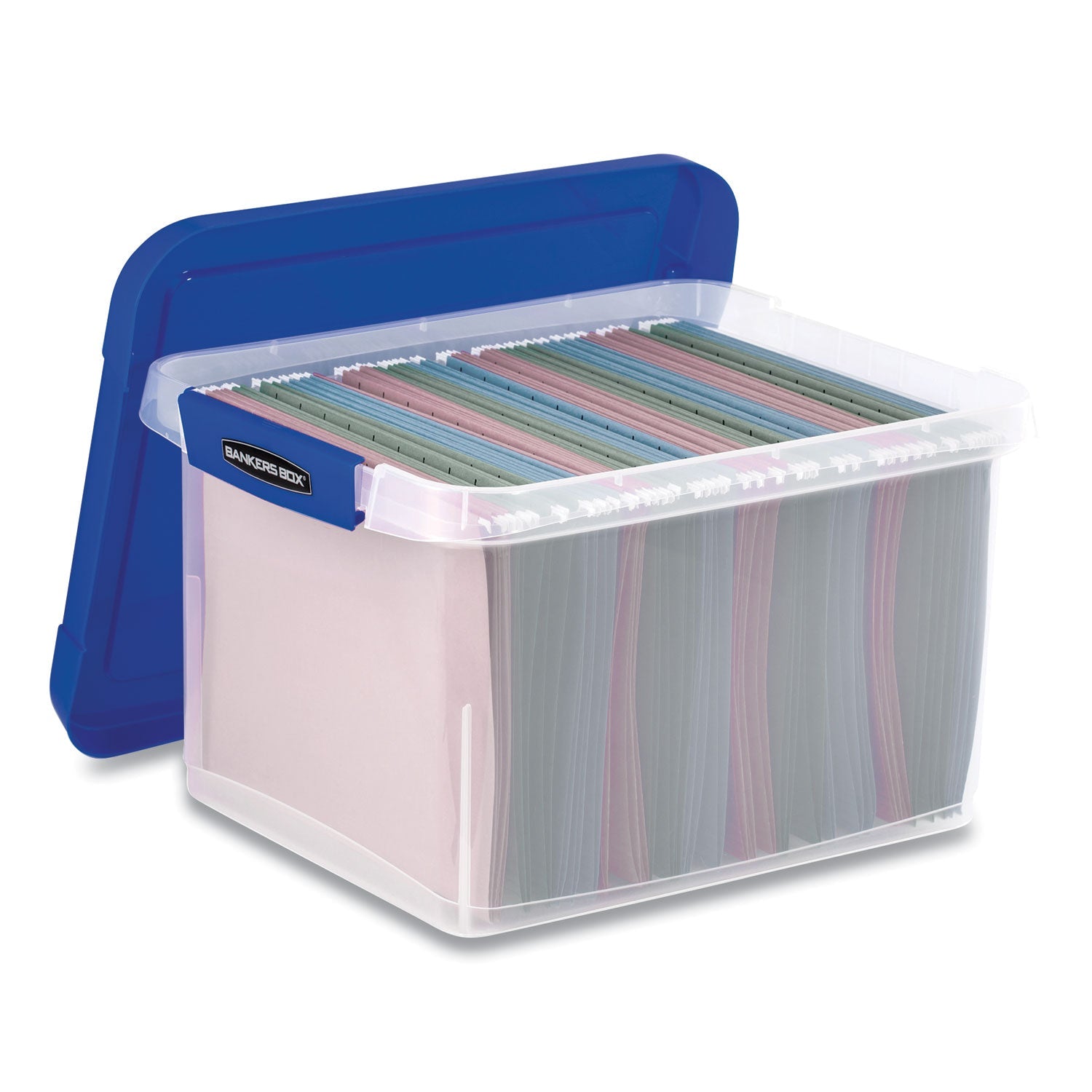 Bankers Box® Heavy Duty Plastic File Storage, Letter/legal Files, 14" X 17.38" X 10.5", Clear/blue