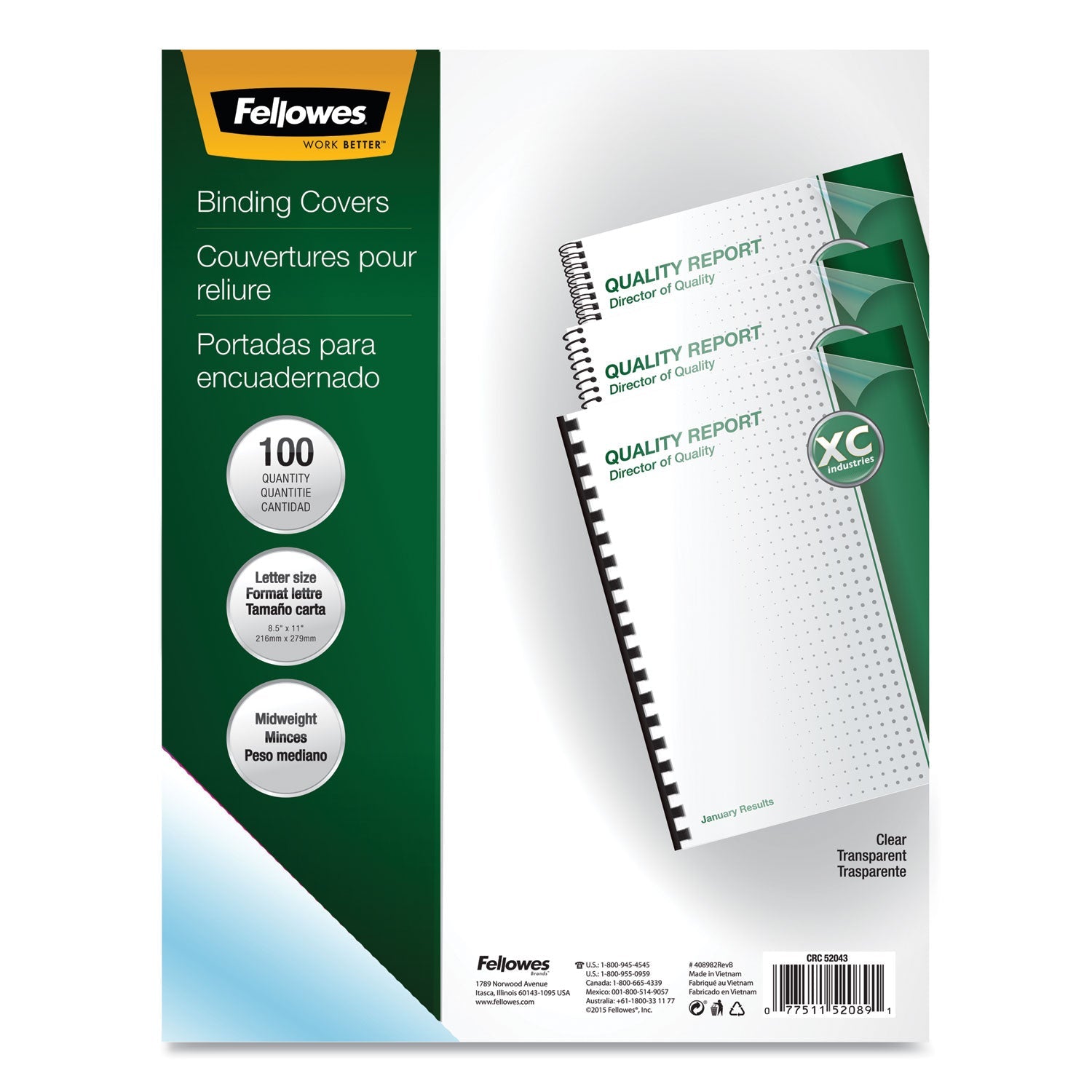 Fellowes® Crystals Transparent Presentation Covers for Binding Systems, Clear, with Square Corners, 11 x 8.5, Unpunched, 100/Pack
