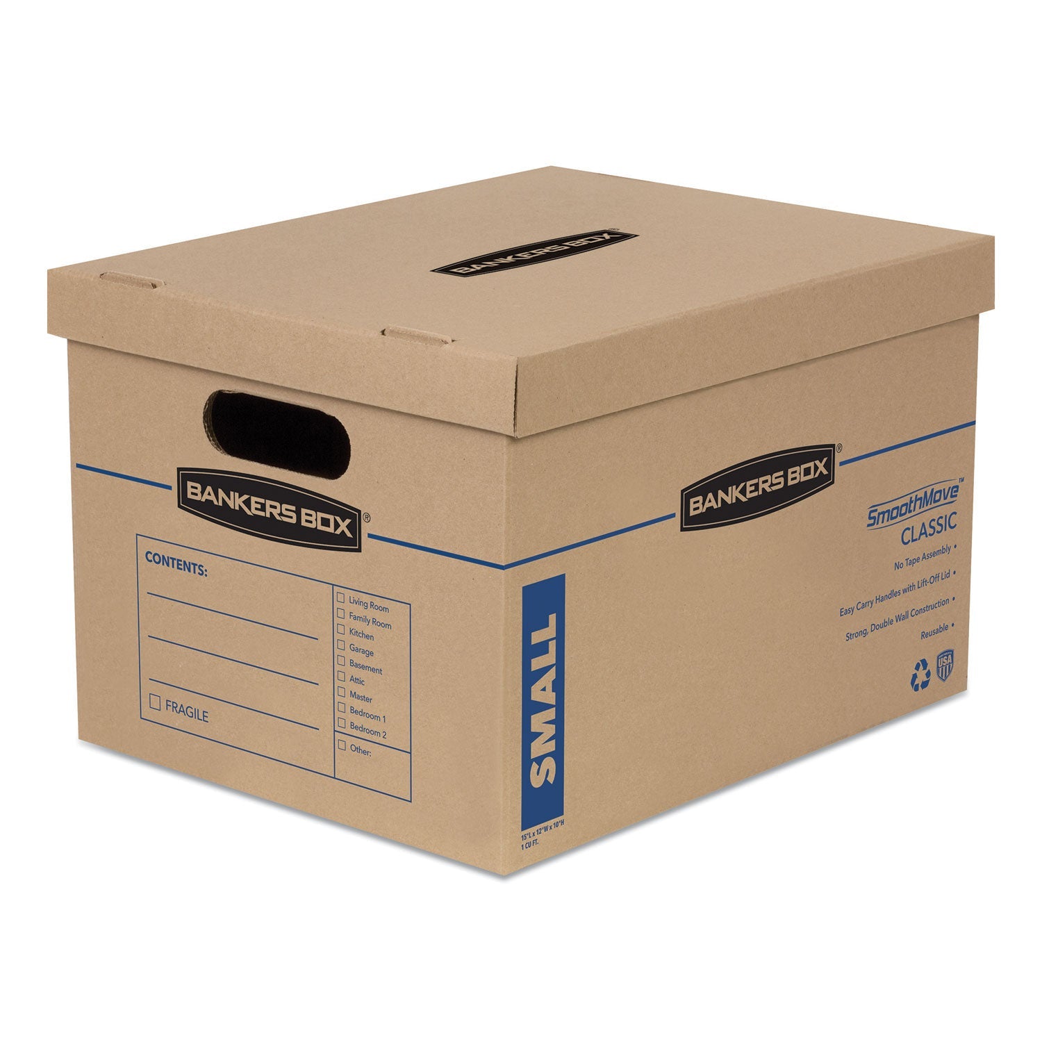 Bankers Box® SmoothMove Classic Moving/Storage Boxes, Half Slotted Container (HSC), Small, 12" x 15" x 10", Brown/Blue, 20/Carton