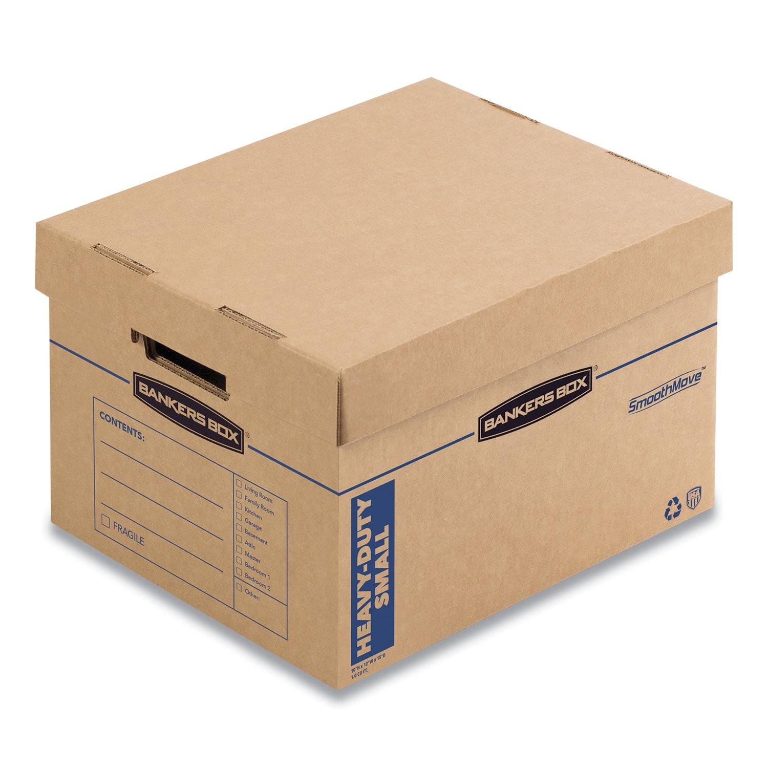 Bankers Box® SmoothMove Maximum Strength Moving Boxes, Half Slotted Container (HSC), Small, 15" x 15" x 12", Brown/Blue, 8/Pack