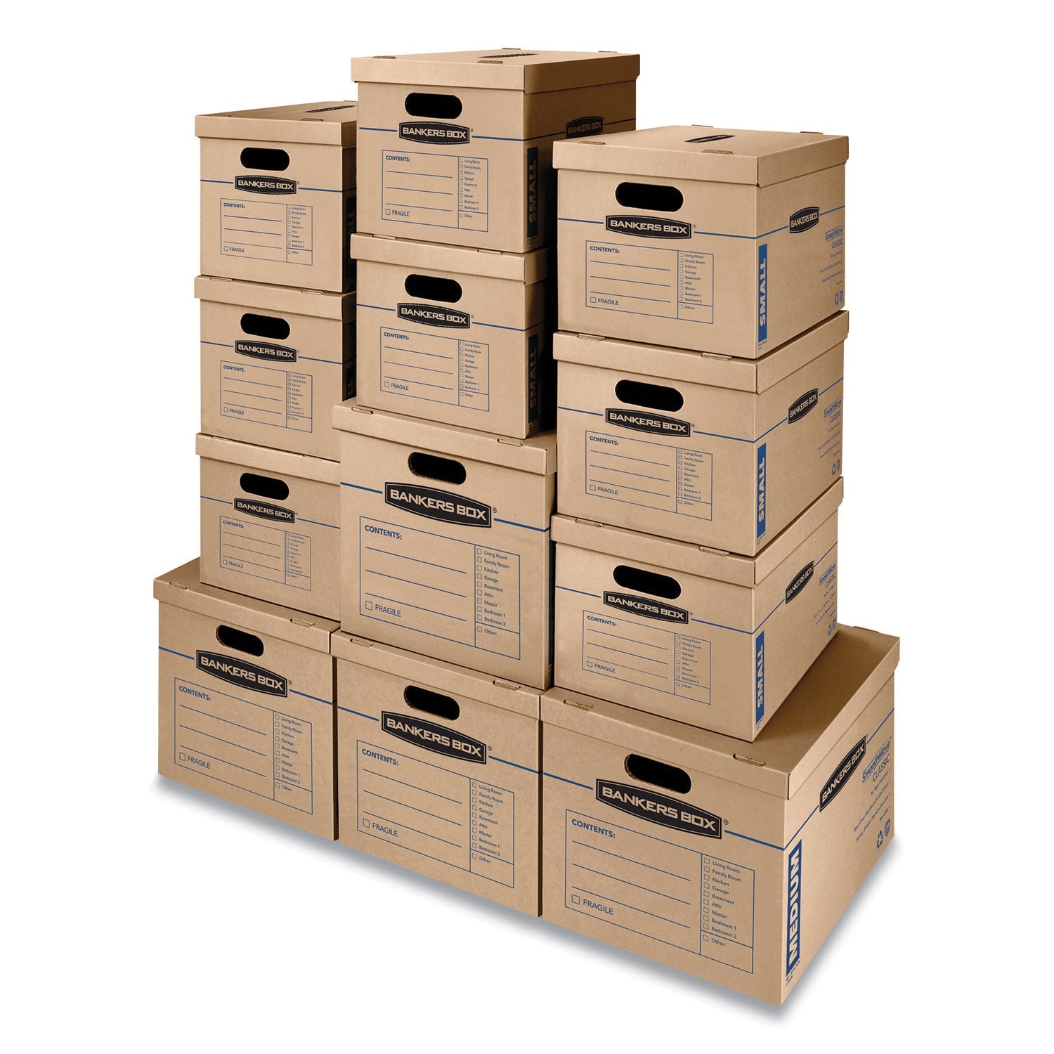 Bankers Box® SmoothMove Classic Moving/Storage Box Kit, Half Slotted Container (HSC), Assorted Sizes: (8) Small, (4) Med, Brown/Blue,12/CT