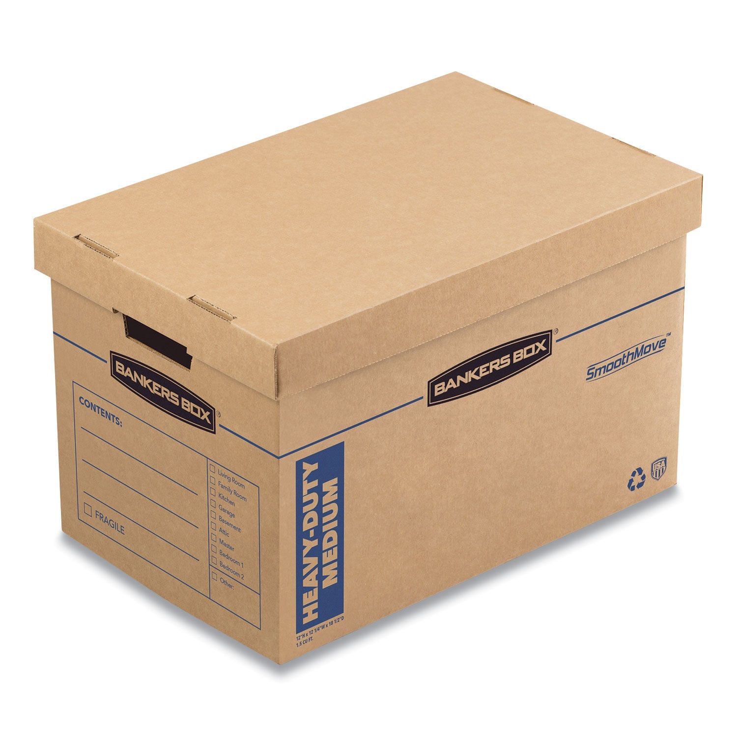 Bankers Box® SmoothMove Maximum Strength Moving Boxes, Half Slotted Container (HSC), Medium, 12.25" x 18.5" x 12", Brown/Blue, 8/Pack