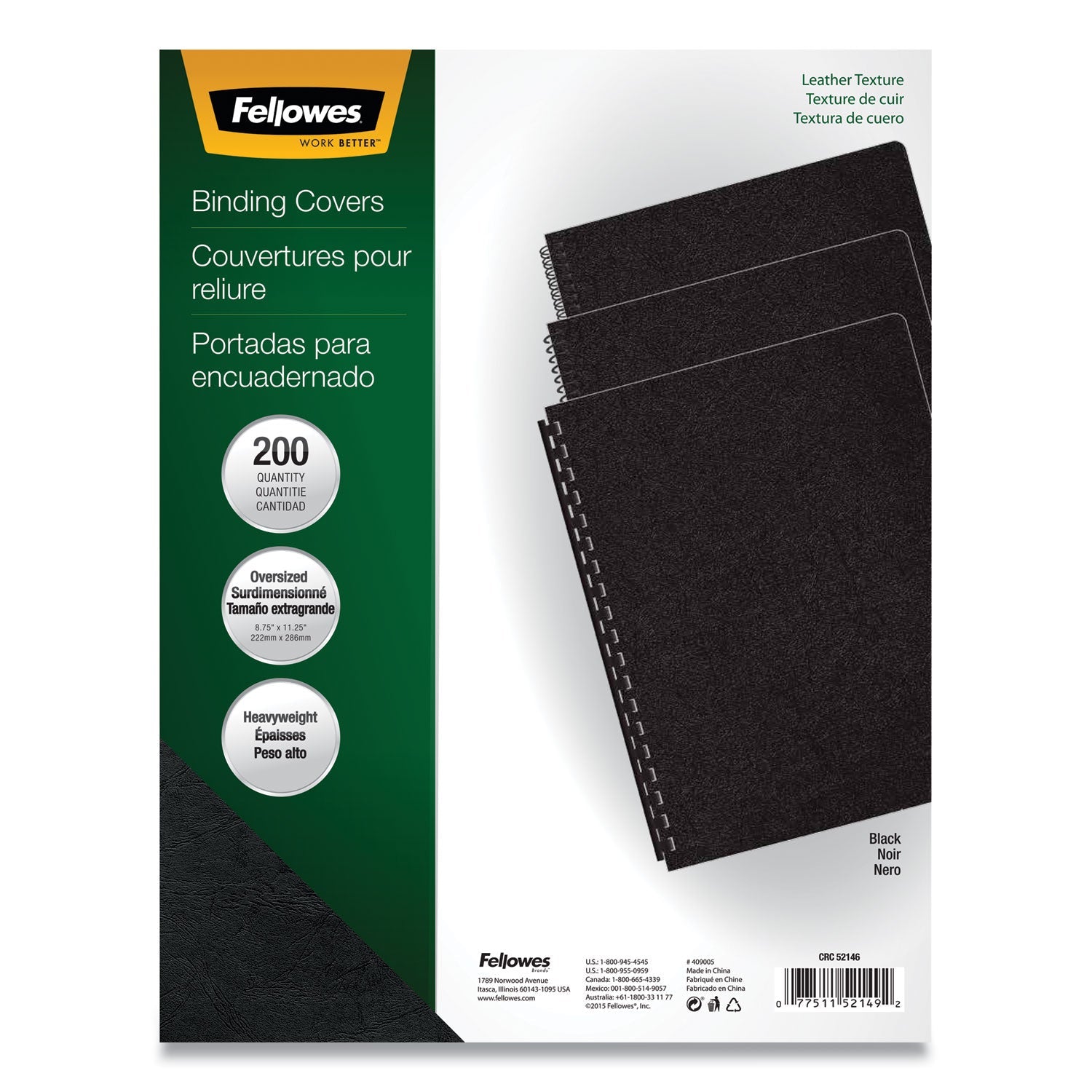 Fellowes® Executive Leather-Like Presentation Cover, Black, 11.25 x 8.75, Unpunched, 200/Pack
