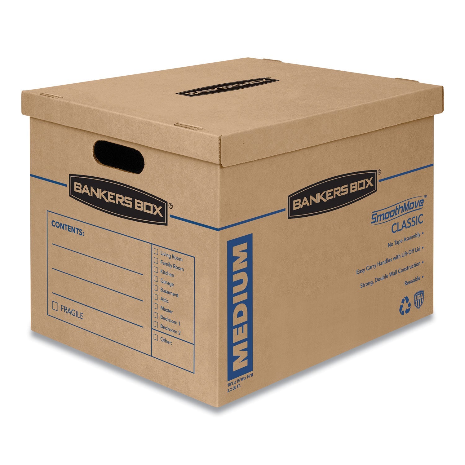 Bankers Box® SmoothMove Classic Moving/Storage Boxes, Half Slotted Container (HSC), Medium, 15" x 18" x 14", Brown/Blue, 8/Carton
