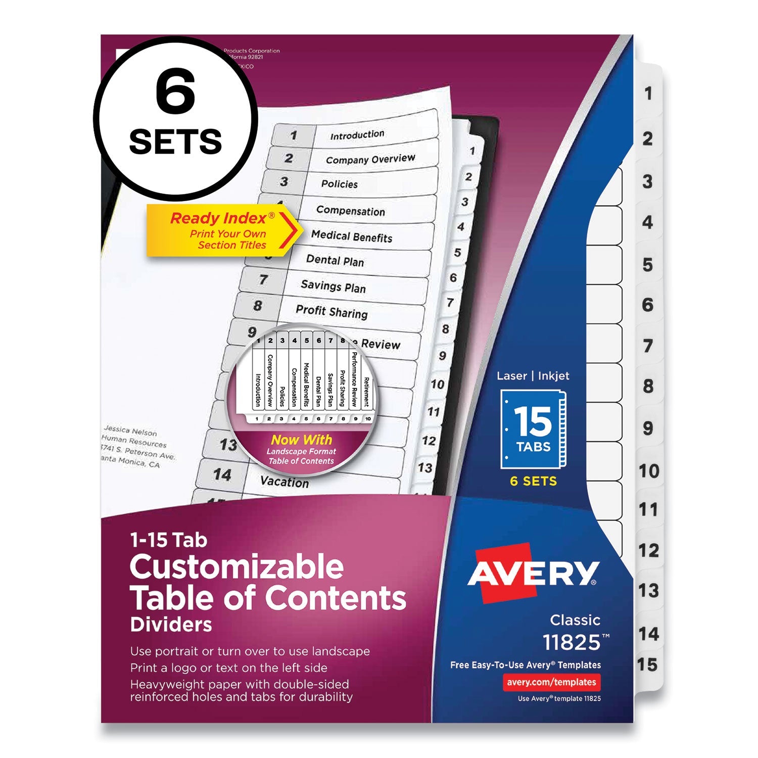 Avery® Customizable Table of Contents Ready Index Black and White Dividers, 15-Tab, 1 to 15, 11 x 8.5, White, 6 Sets