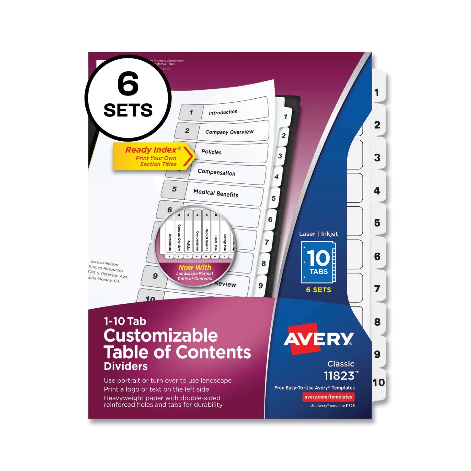 Avery® customizable table of contents ready index black and white dividers, 10-tab, 1 to 10, 11 x 8.5, white, 6 sets