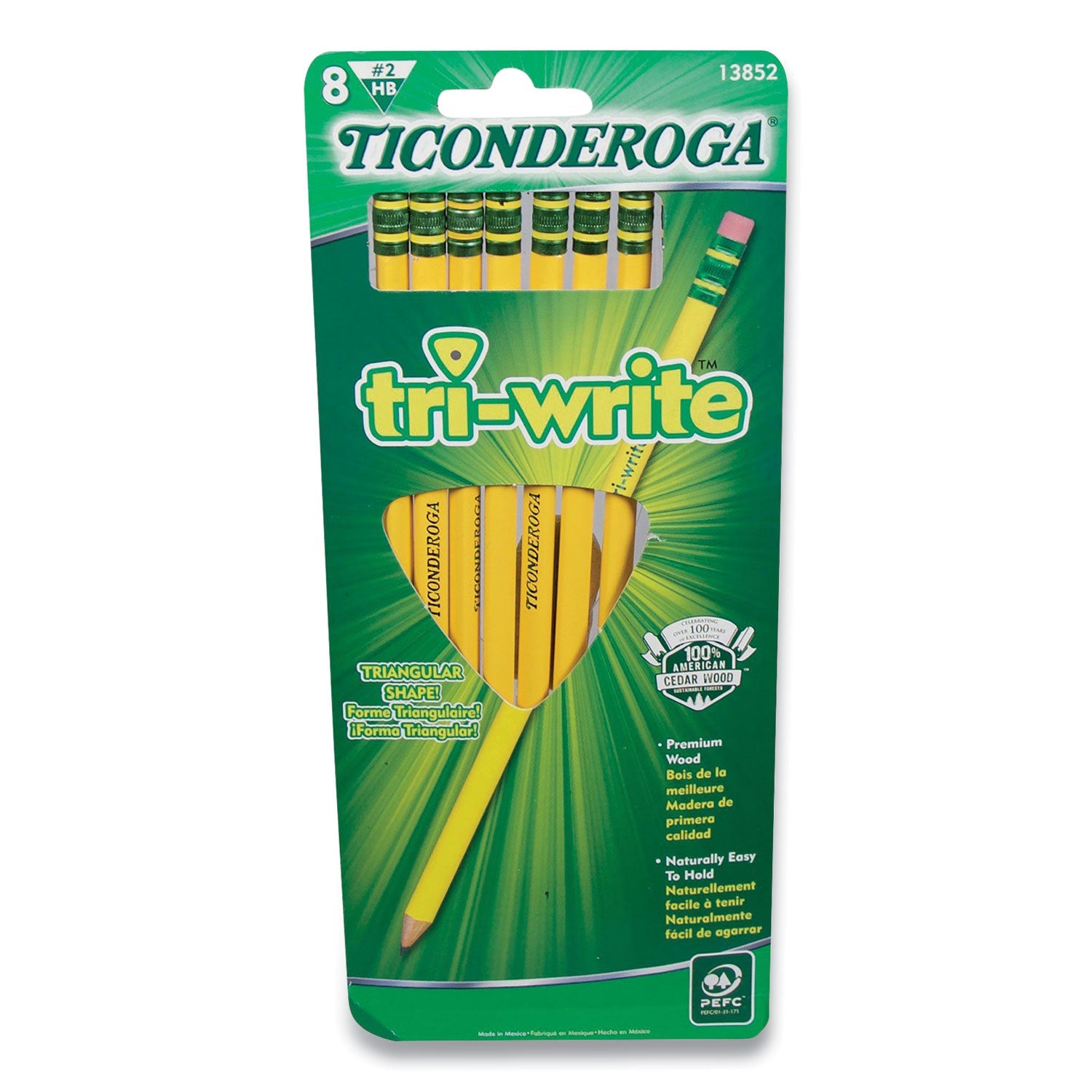 Ticonderoga® TRI-WRITE TRIANGULAR PENCIL, HB (#2), BLACK LEAD, YELLOW BARREL, 8/PACK